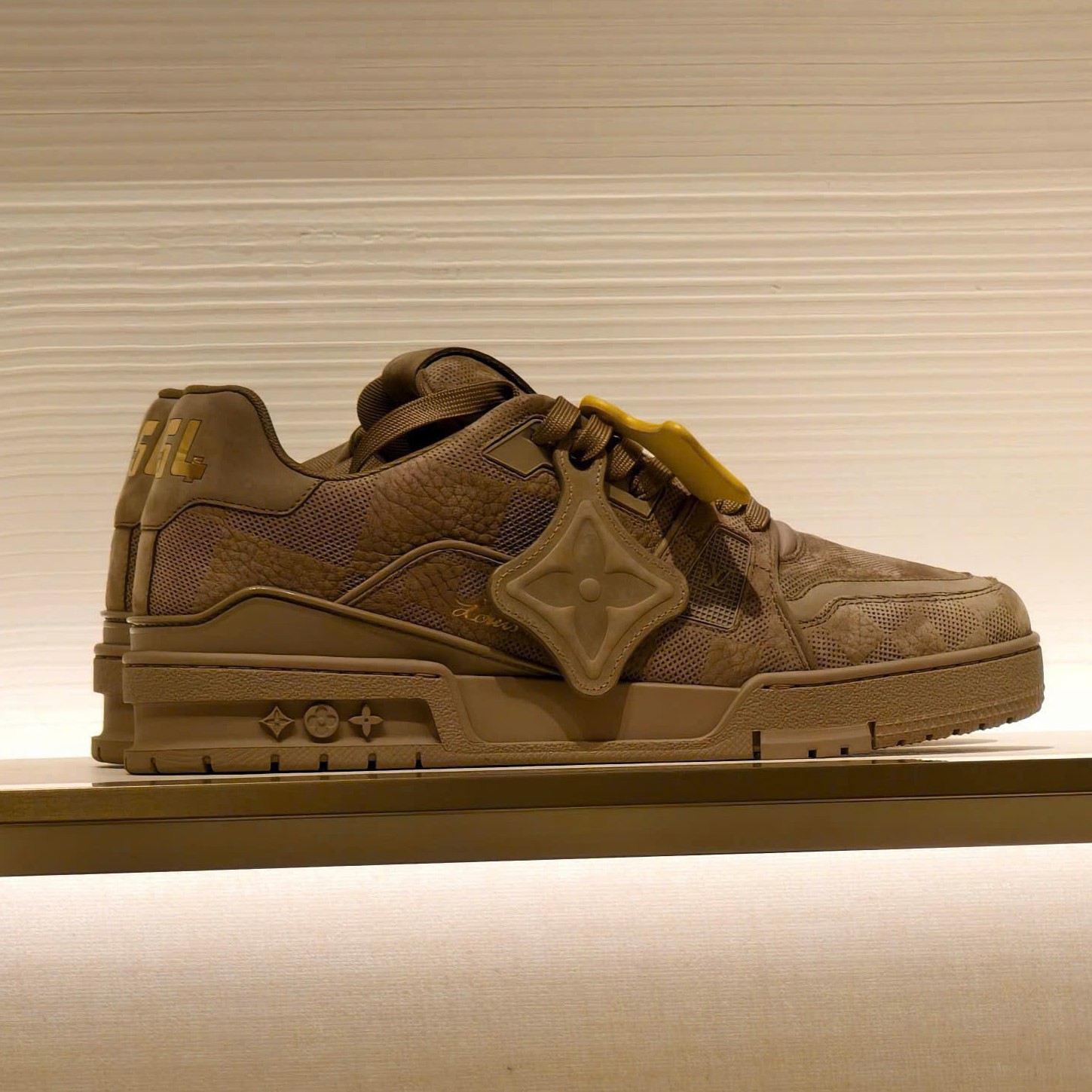 LOUIS VUITTON LV TRAINER SNEAKER IN TAUPE BROWN DAMIER EMBOSSED LEATHER