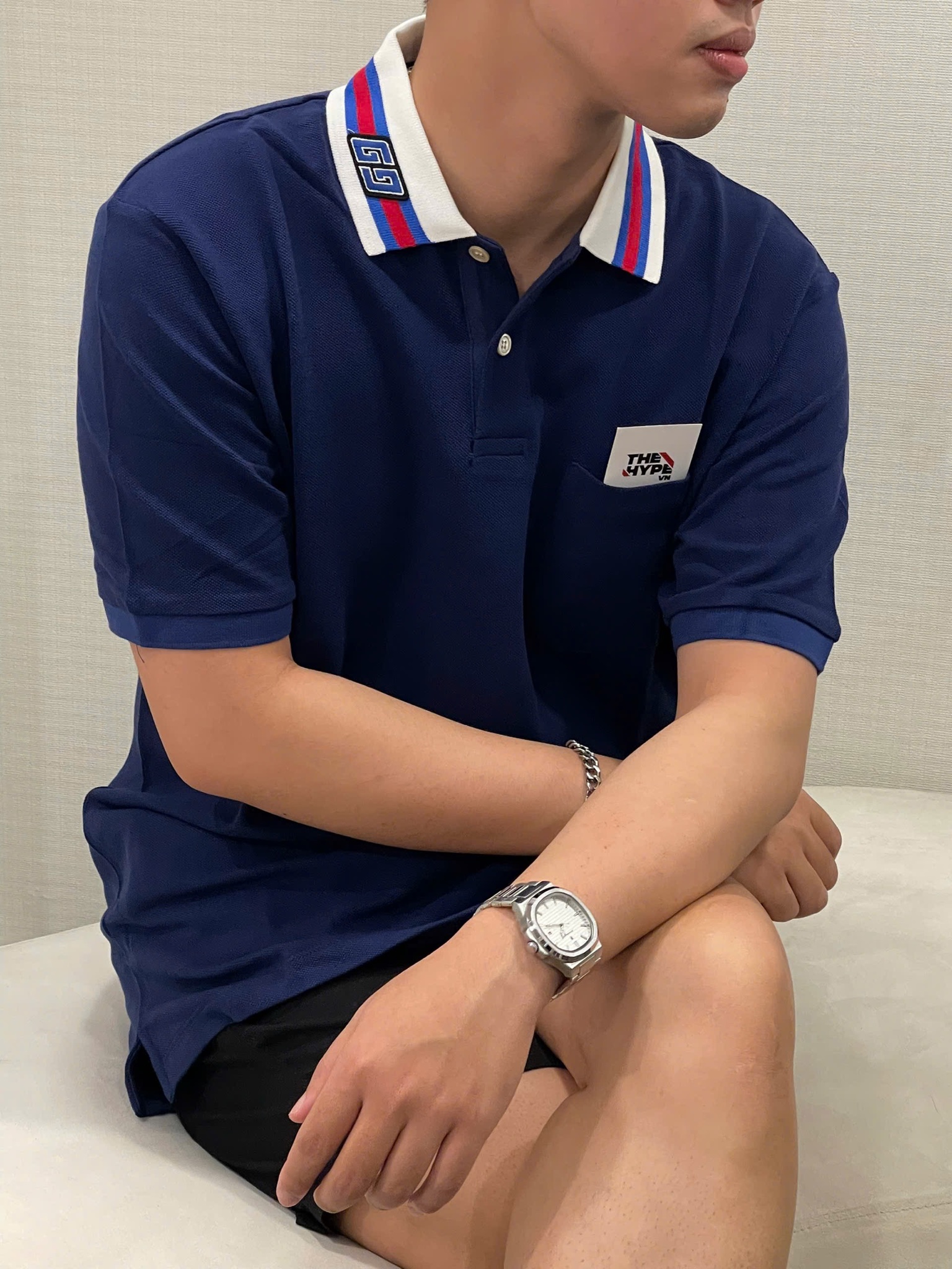 Áo Polo Gucci GC Cotton Piquet With Square GG (Navy) [Mirror Quality]