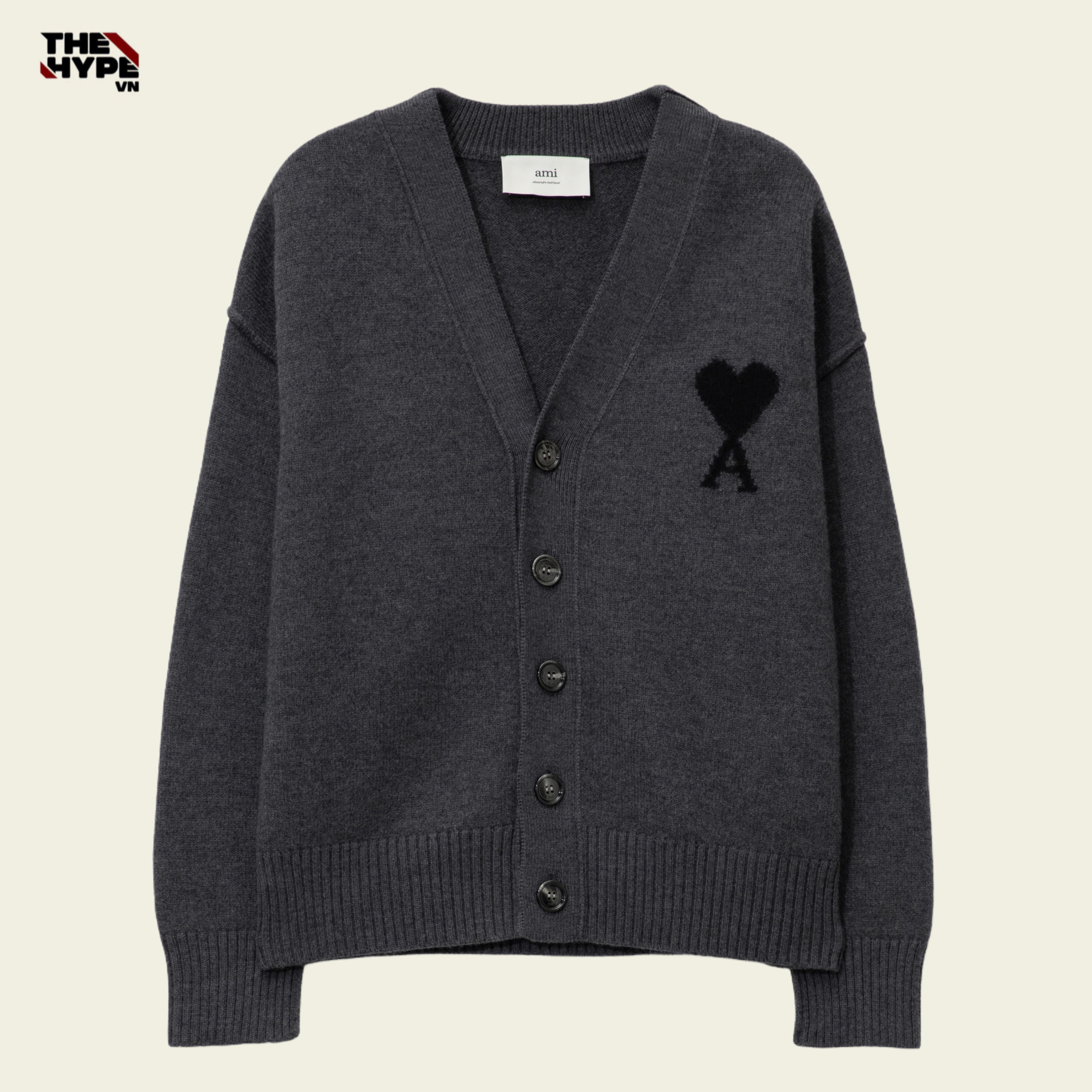 ÁO CARDIGAN AMI PARIS BLACK HEART WOOL (GREY)