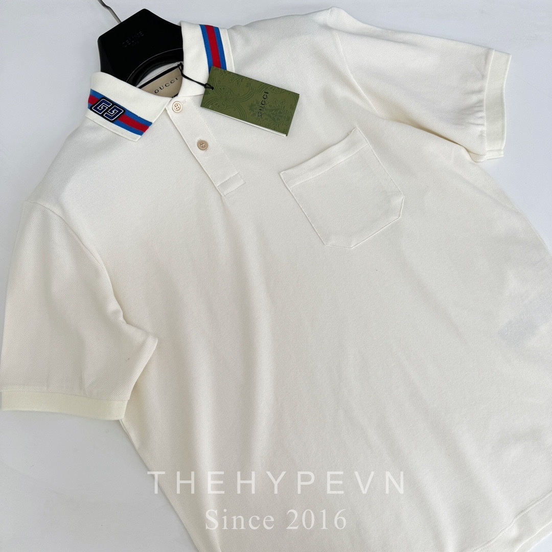 Áo Polo Gucci GC Cotton Piquet With Square GG (White) [Mirror Quality]