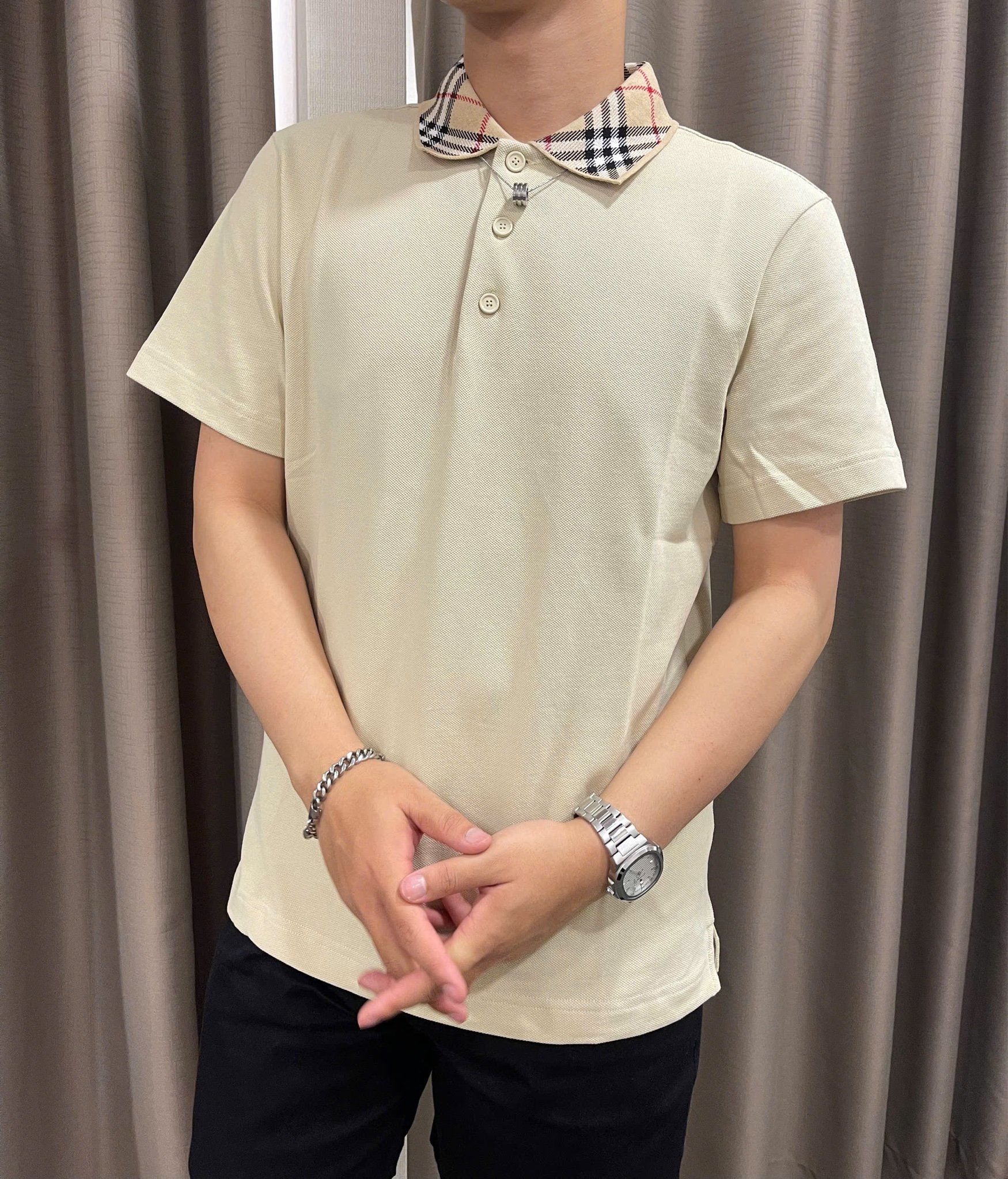 ÁO POLO BURBERRY BBR WOVEN COLLAR (NEUTRAL)