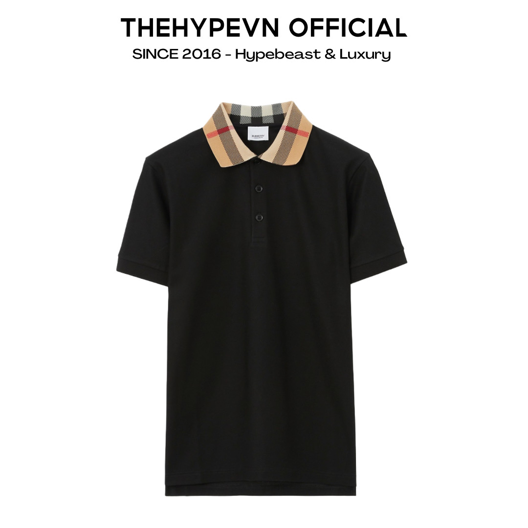 Áo Polo Burberry In Cotton Piqué Check Collar (Black) [Mirror Quality]