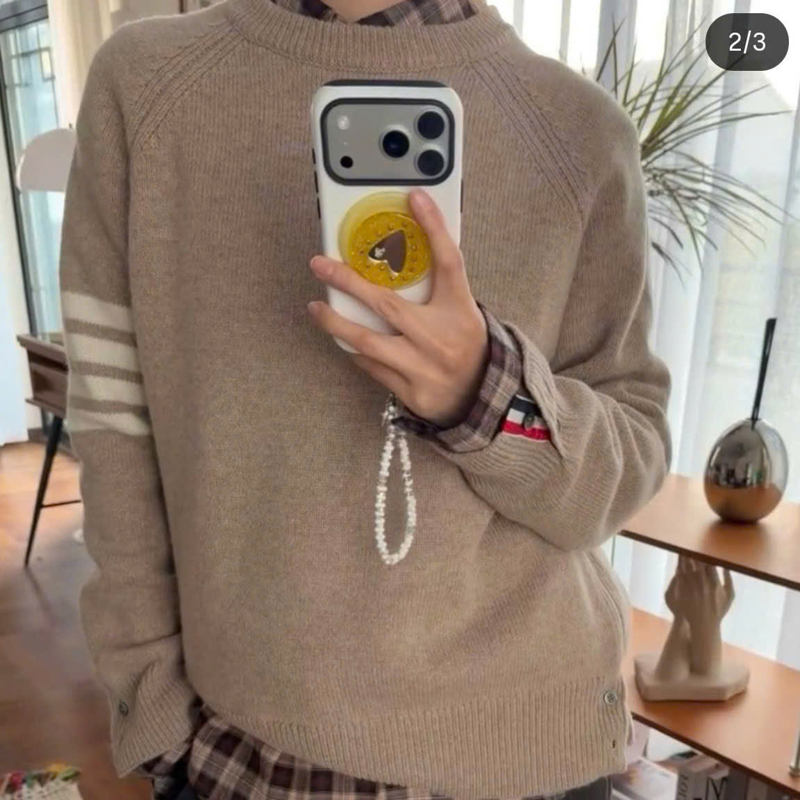 SWEATER THOM BROWNE BEIGE SHETLAND WOOL 4-BAR STRIPE CREW NECK