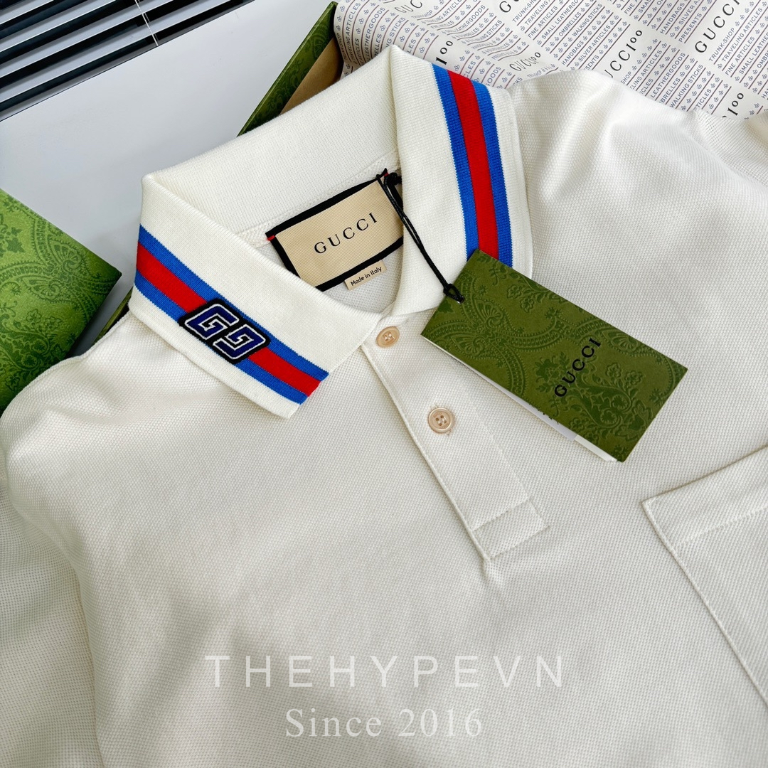Áo Polo Gucci GC Cotton Piquet With Square GG (White) [Mirror Quality]