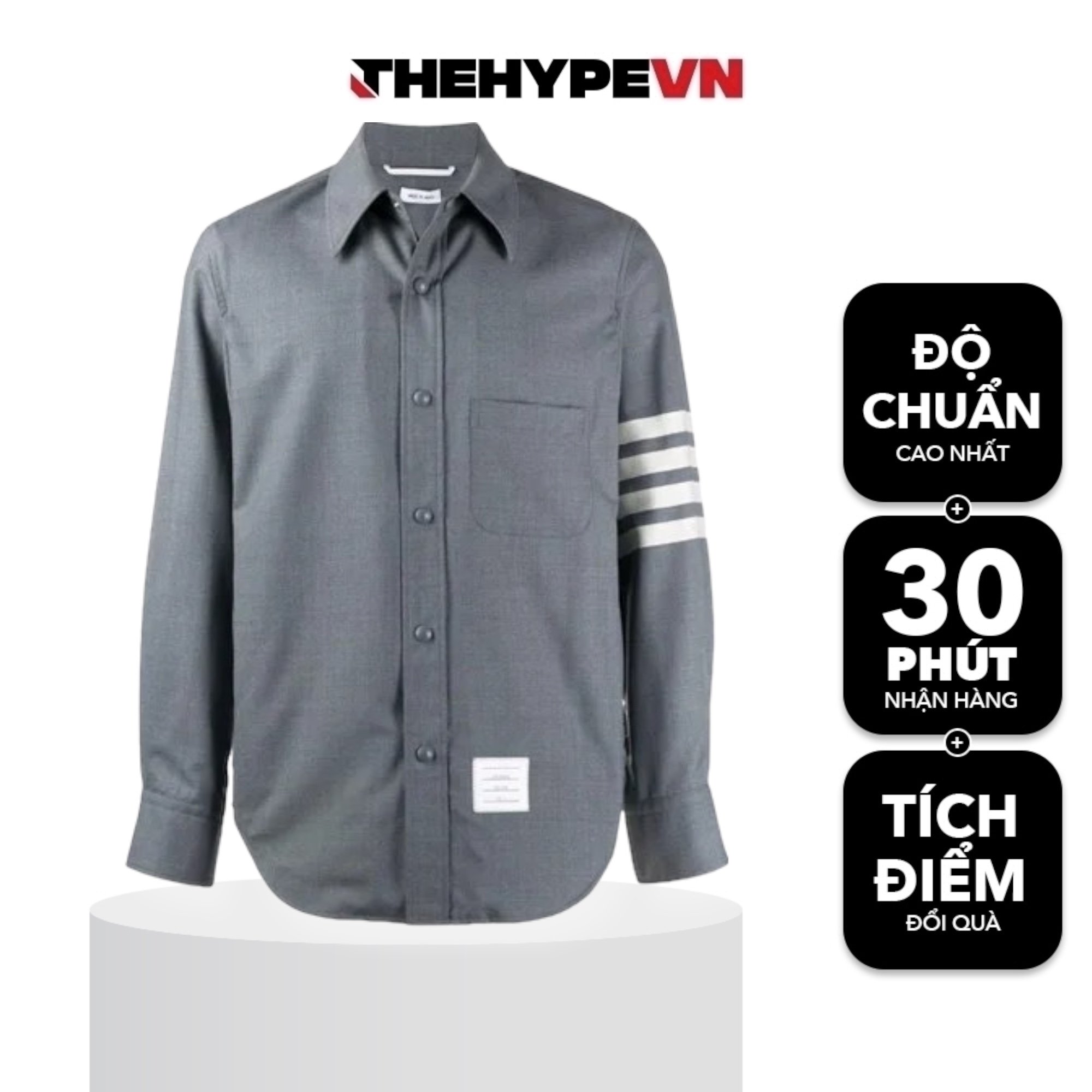 THOM BROWNE SHIRT - Áo sơ mi flannel TB tonal 4-Bar shirt (Xám) [Mirror Quality]
