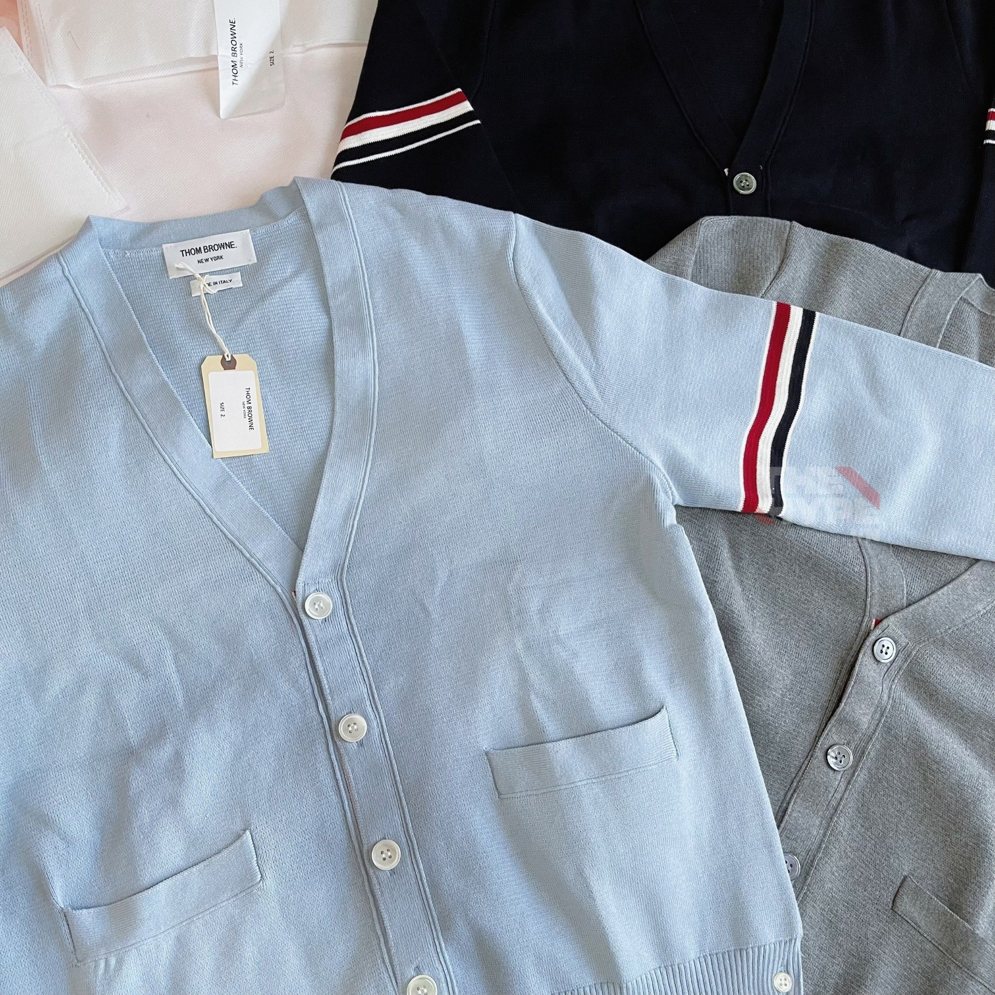 THOM BROWNE CARDIGAN - Áo khoác TB Milano Stitch Stripe Armband (Baby Blue) [Mirror quality]