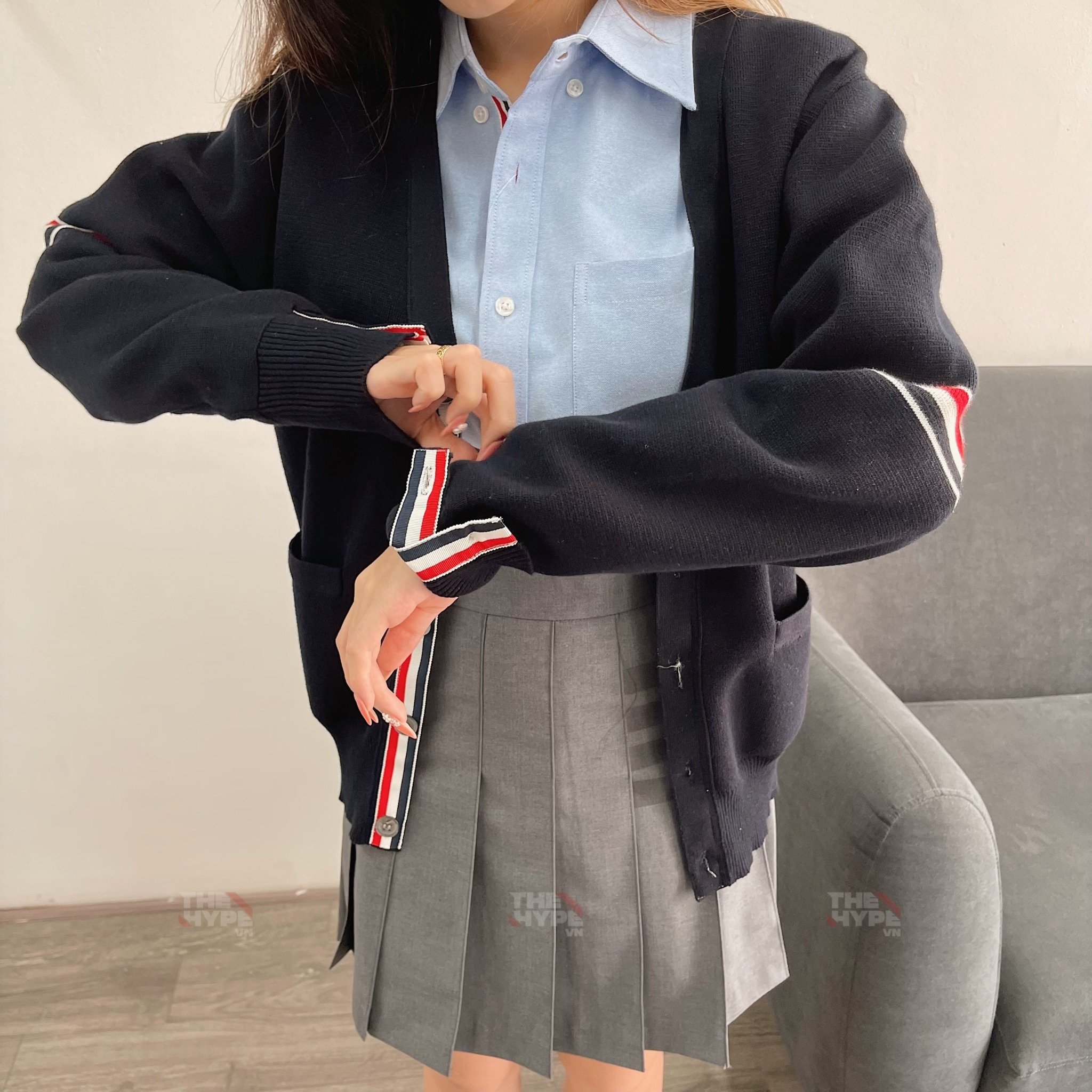 THOM BROWNE CARDIGAN - Áo khoác TB Milano Stitch Stripe Armband (Navy) [Mirror quality]