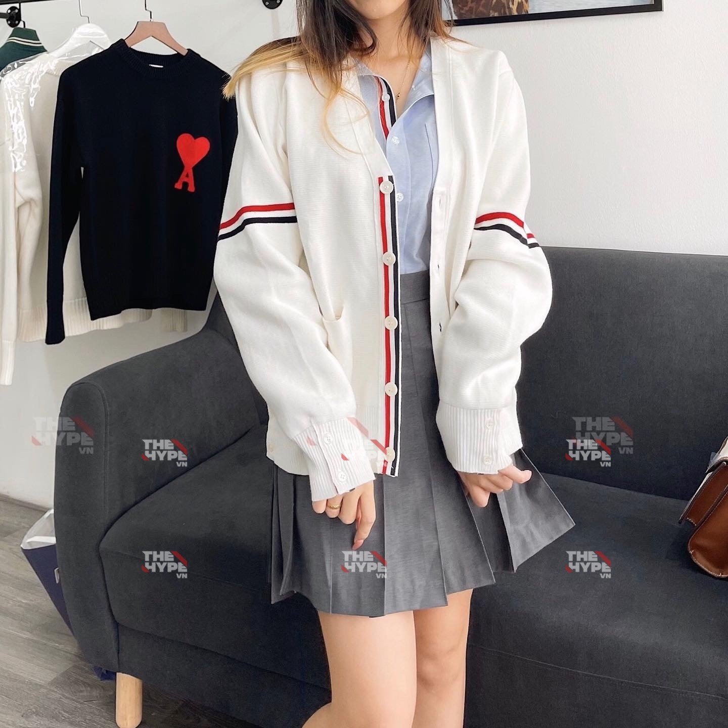 THOM BROWNE CARDIGAN - Áo khoác TB Milano Stitch Stripe Armband (White) [Mirror quality]