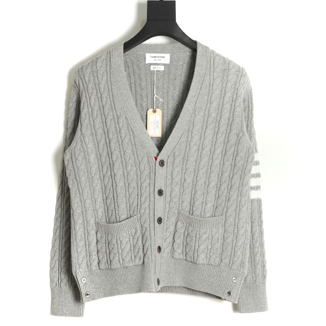 THOM BROWNE CARDIGAN - Áo TB 4 bar V-NECK Cable Knit (Grey) [Mirror quality]