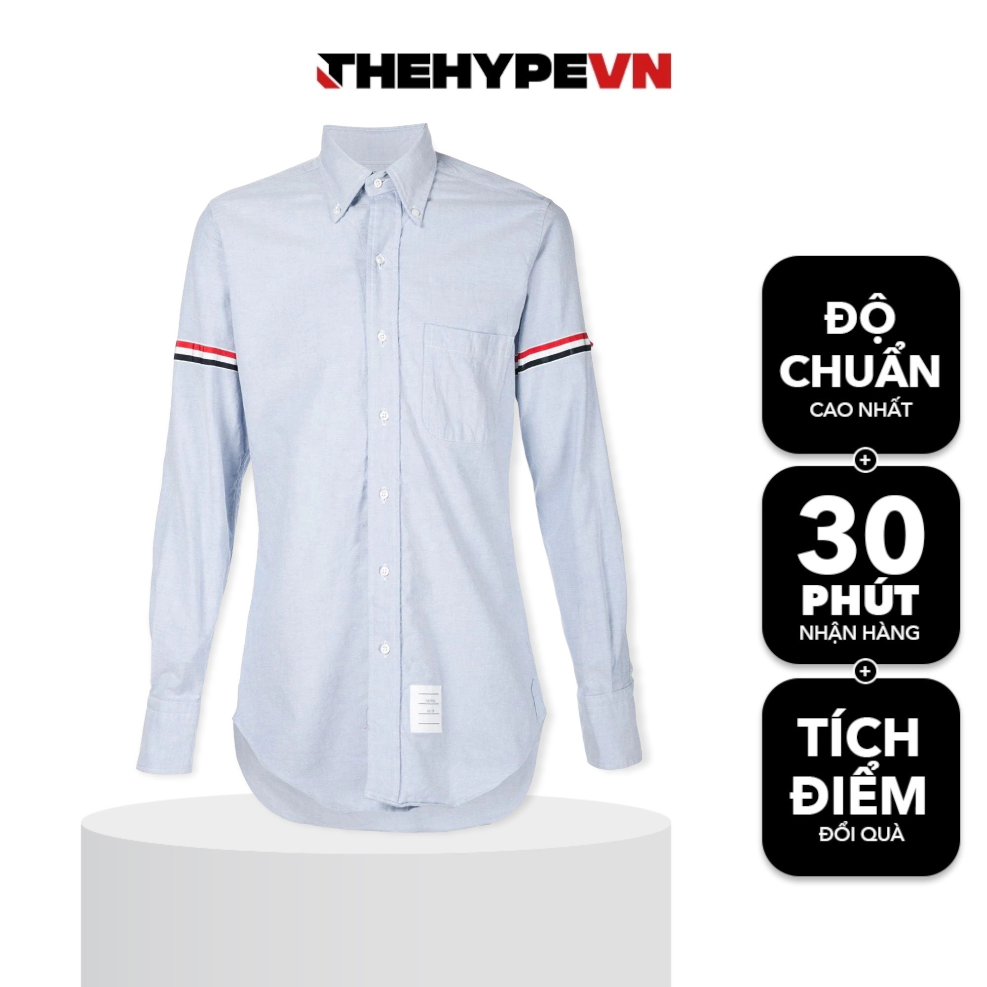 THOM BROWNE SHIRT - Áo sơ mi Thom Browne Grosgrain Arm Band Solid Poplin (sọc tay) (Blue)