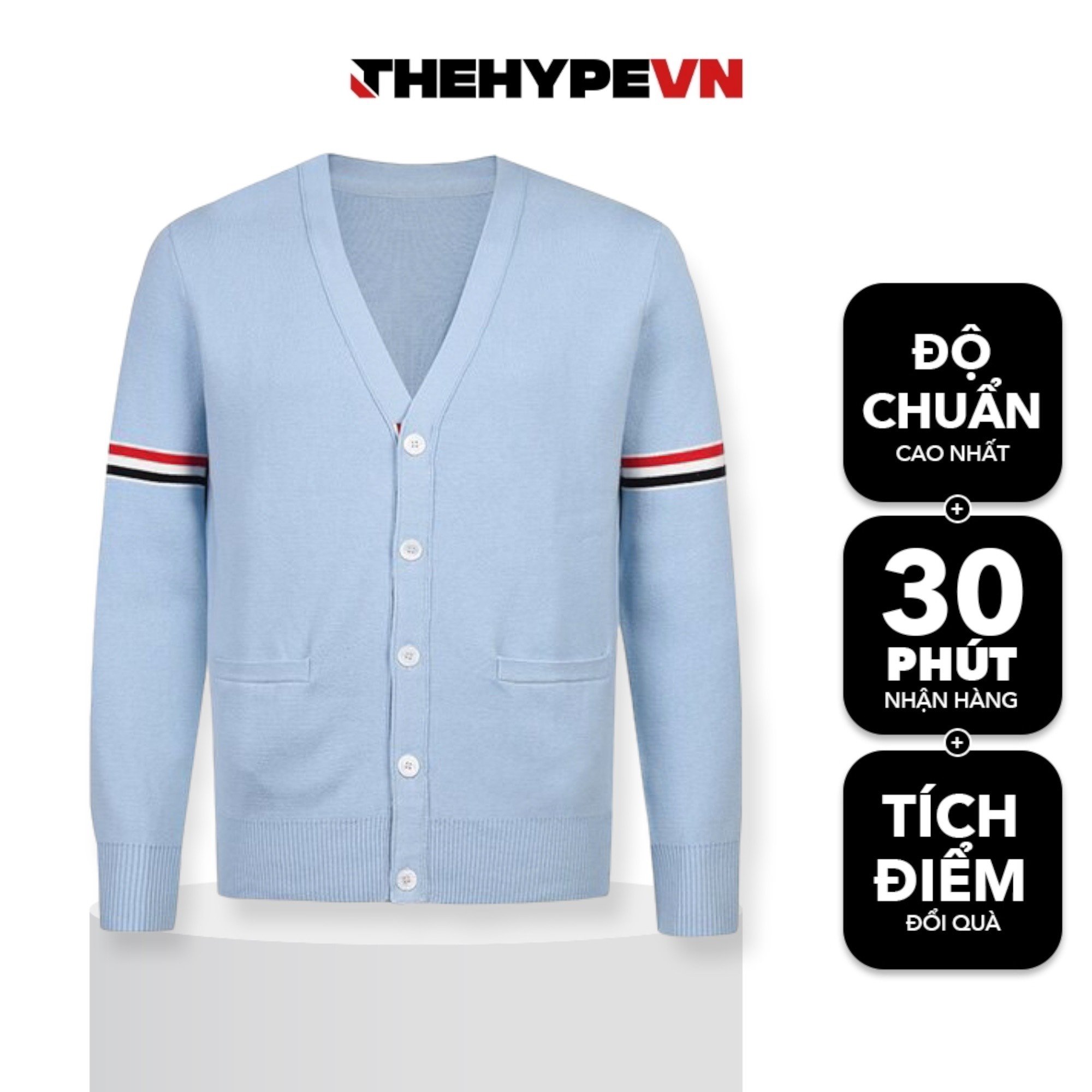 THOM BROWNE CARDIGAN - Áo khoác TB Milano Stitch Stripe Armband (Baby Blue) [Mirror quality]