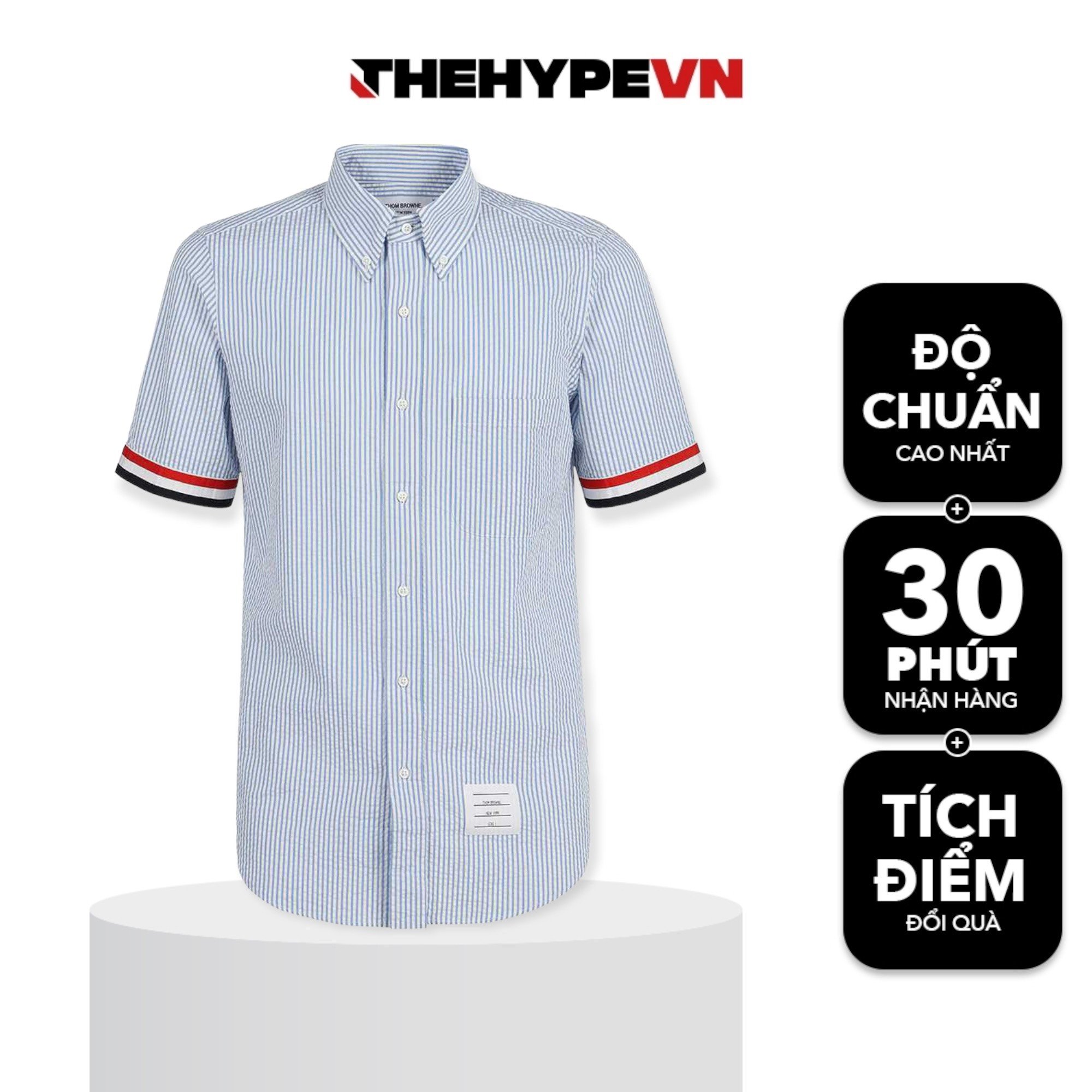THOM BROWNE SHIRT - Áo sơ mi Thom Browne Seensucker Grosgrain Cuff Straight (Light Blue) [MIRROR QUALITY]