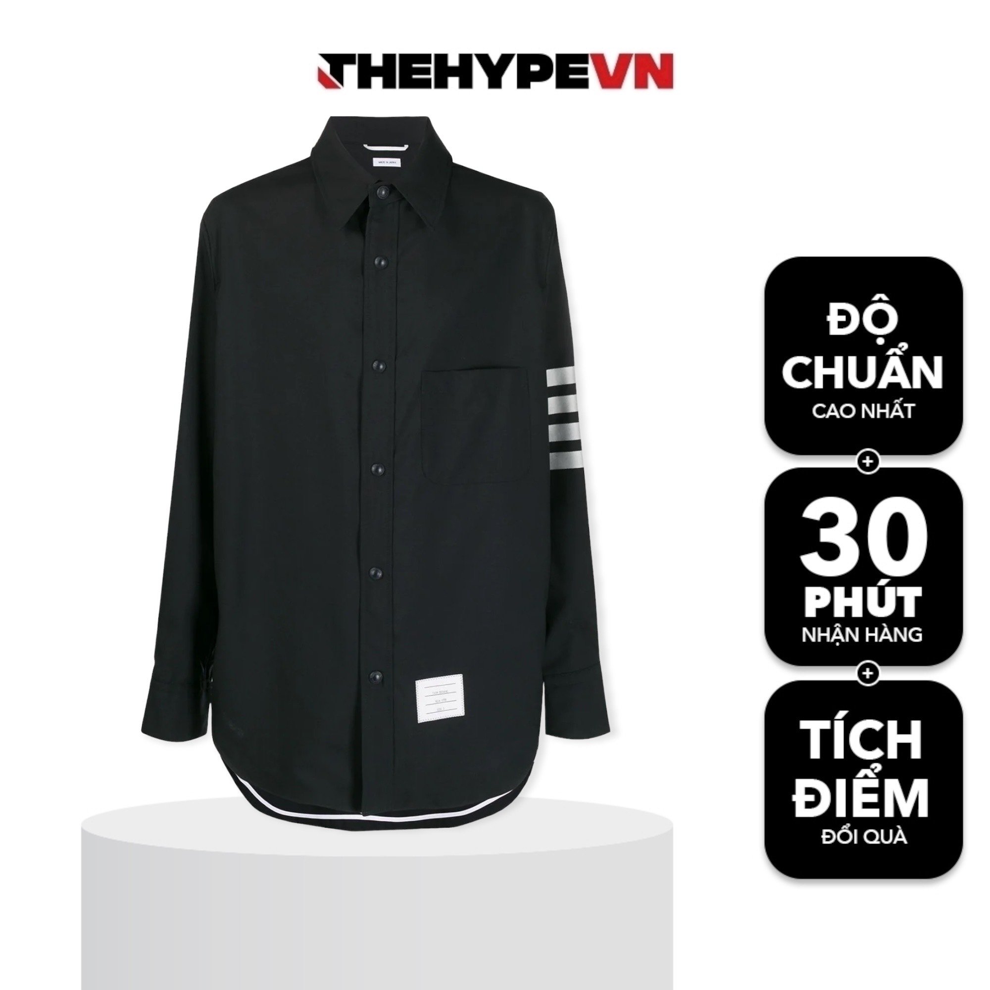 THOM BROWNE SHIRT - Áo sơ mi flannel TB tonal 4-Bar shirt (Đen) [Mirror Quality]
