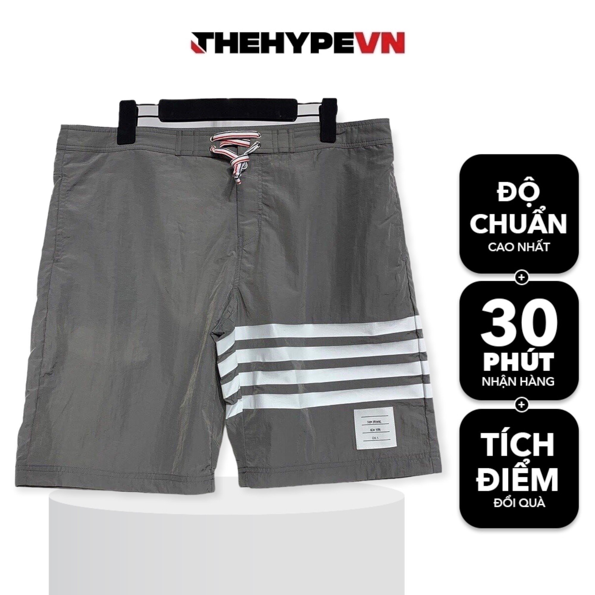 THOM BROWNE SHORTS - Quần Shorts TB Nylon 4 sọc (Grey) [Mirror quality]