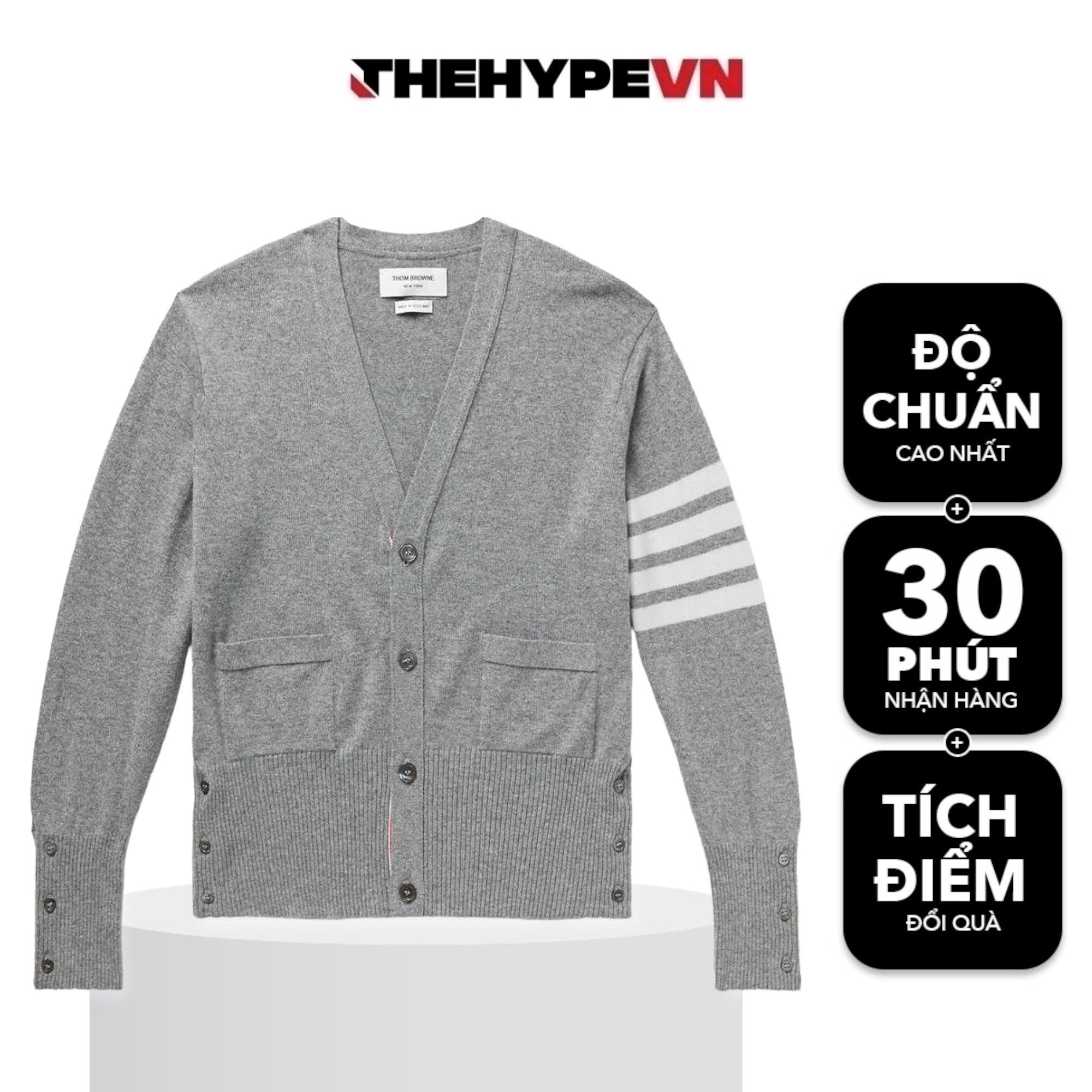 THOM BROWNE CARDIGAN - Áo khoác TB Cashmere Crewneck Pullover (Grey) [Mirror quality]