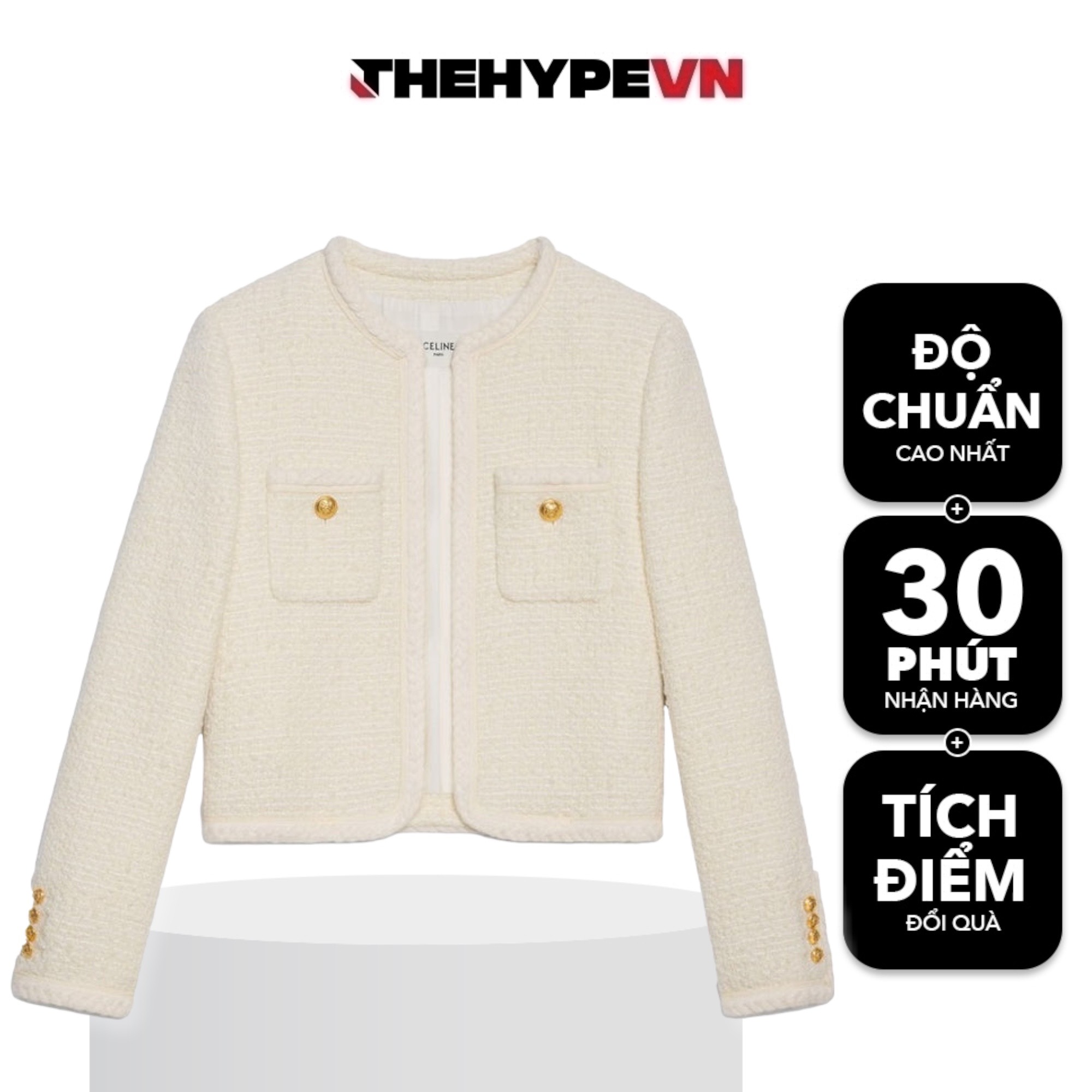 CELINE JACKET - Áo Khoác Celine "Chasseur" Jacket In Braided Bouclé Tweed (White) [Mirror Quality