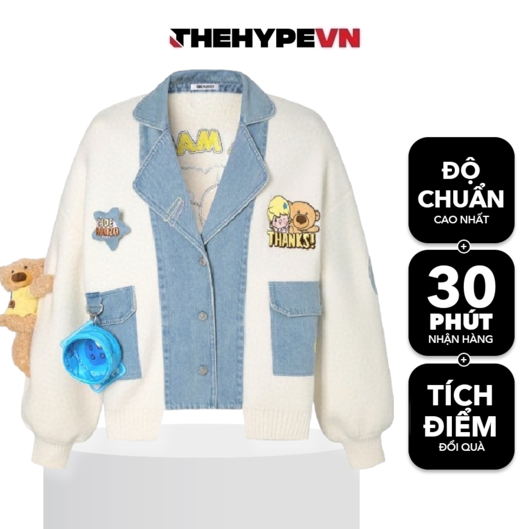 13DE MARZO CARDIGAN - 13De Marzo X Pop Mart Sweet Bean Bear Puff Sleeve (White) Best Quality