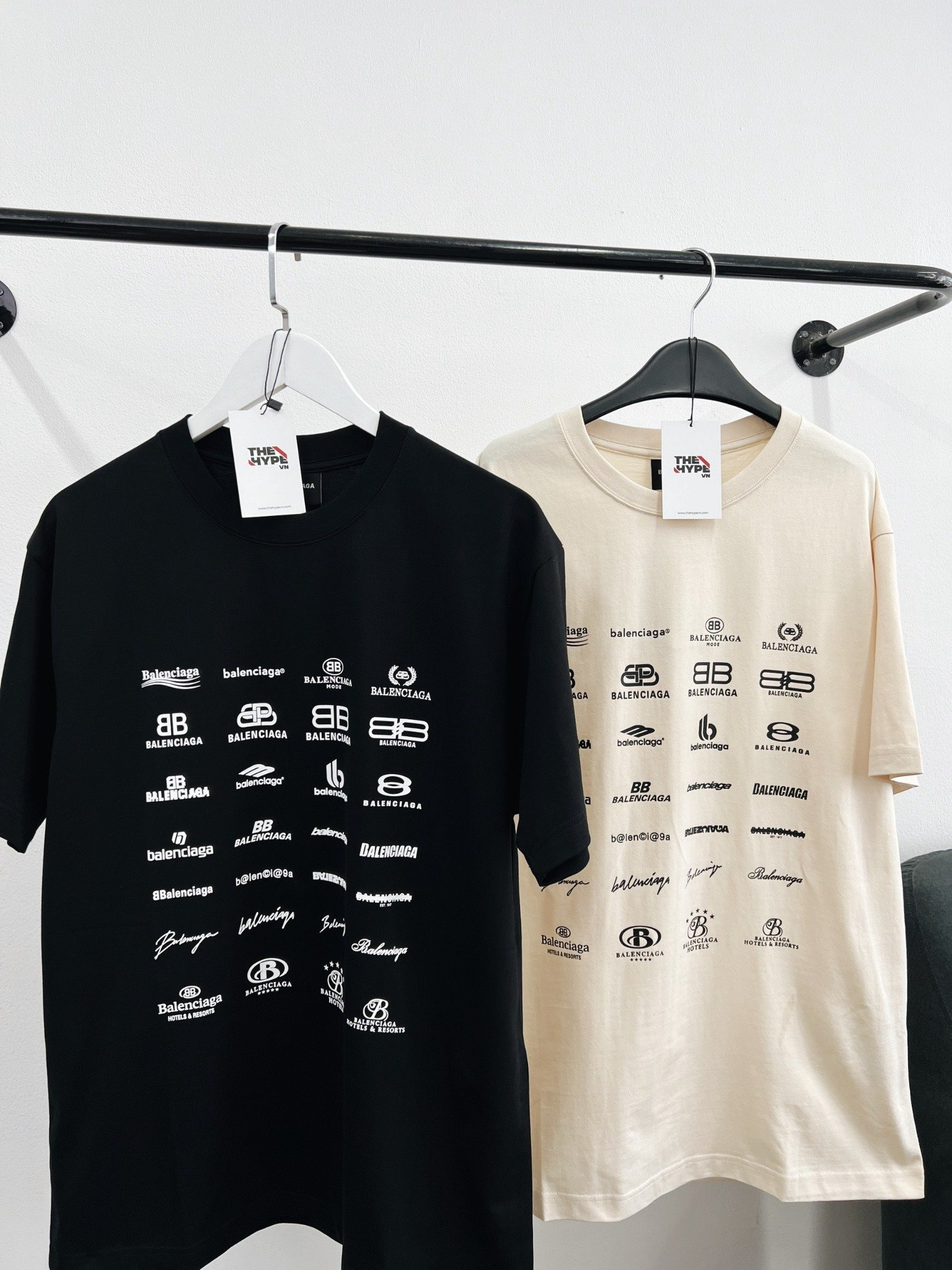 BALENCIAGA TEE - Áo BLCG Multi Logo Archives (Cream) [MIRROR QUALITY]