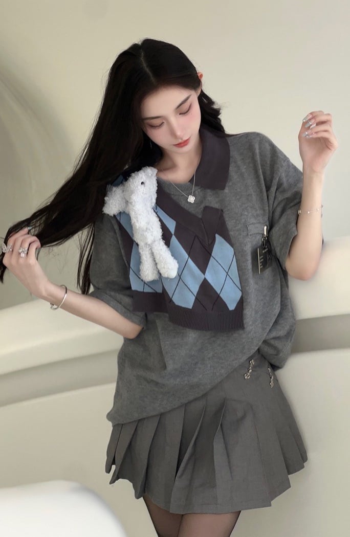 13DE MARZO TEE - Áo Thun BEAR KNIT PATCH PAPYRUS (Grey) Best Quality