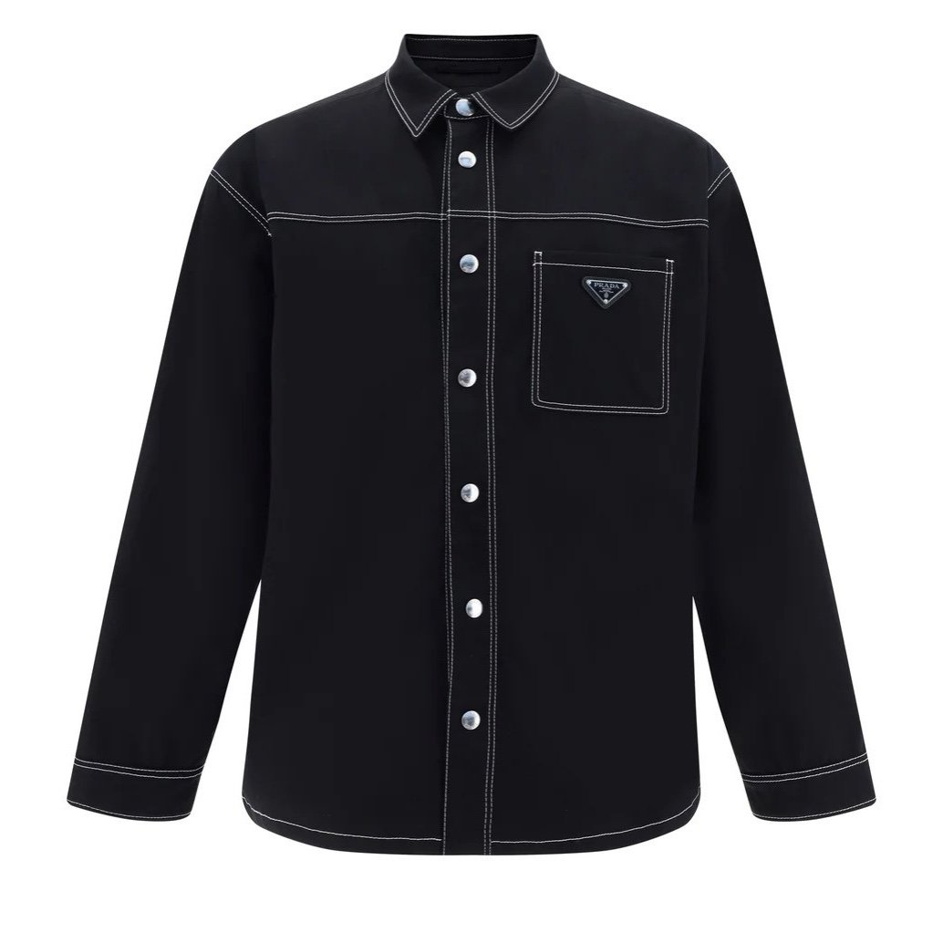 Áo Sơ Mi Pờ Prada Logo Plaque Contrast Stitched (Black) [Mirror Quality]