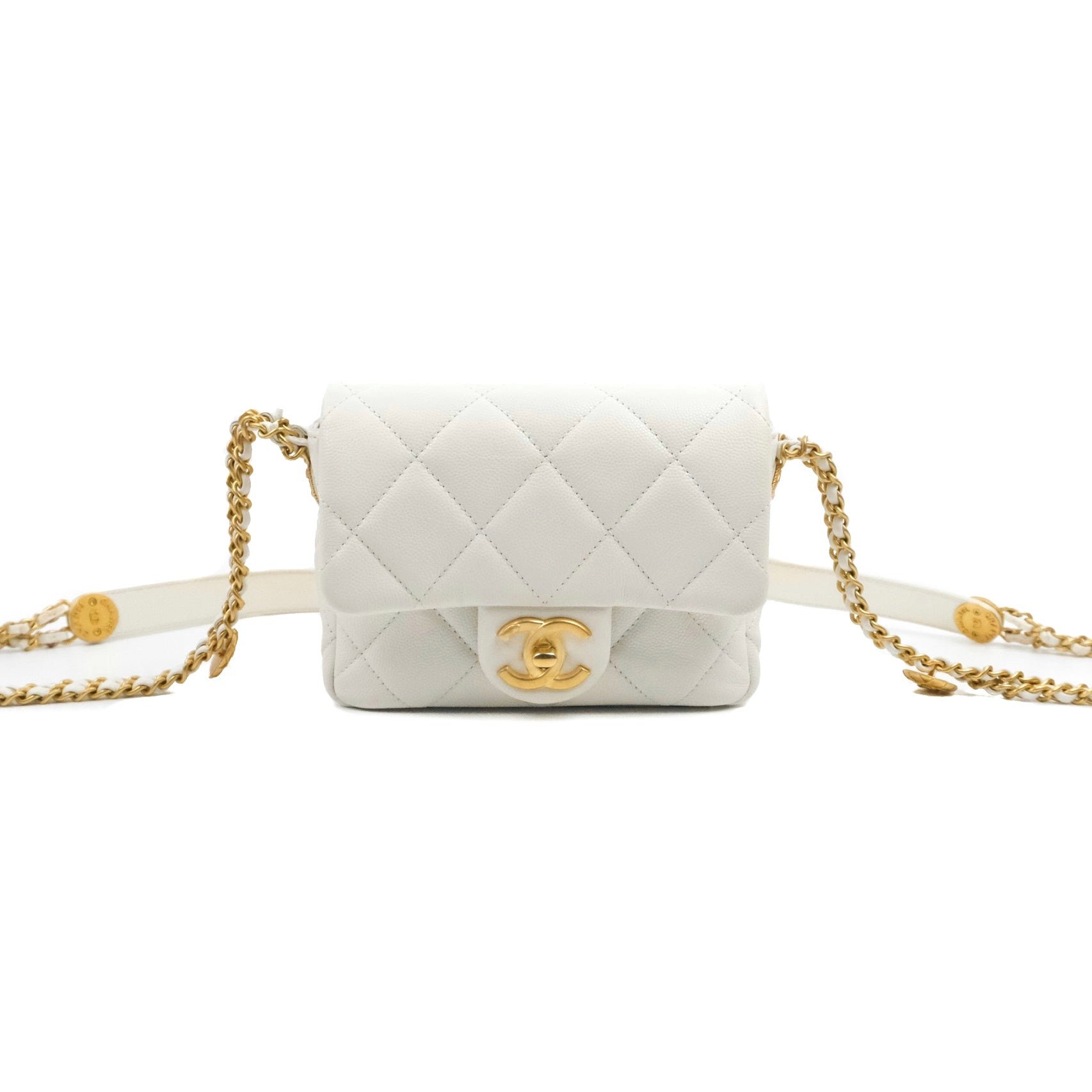 Túi Chanel Mini Flap with Coin Charm White Caviar Aged Gold (White) [Mirror Quality]