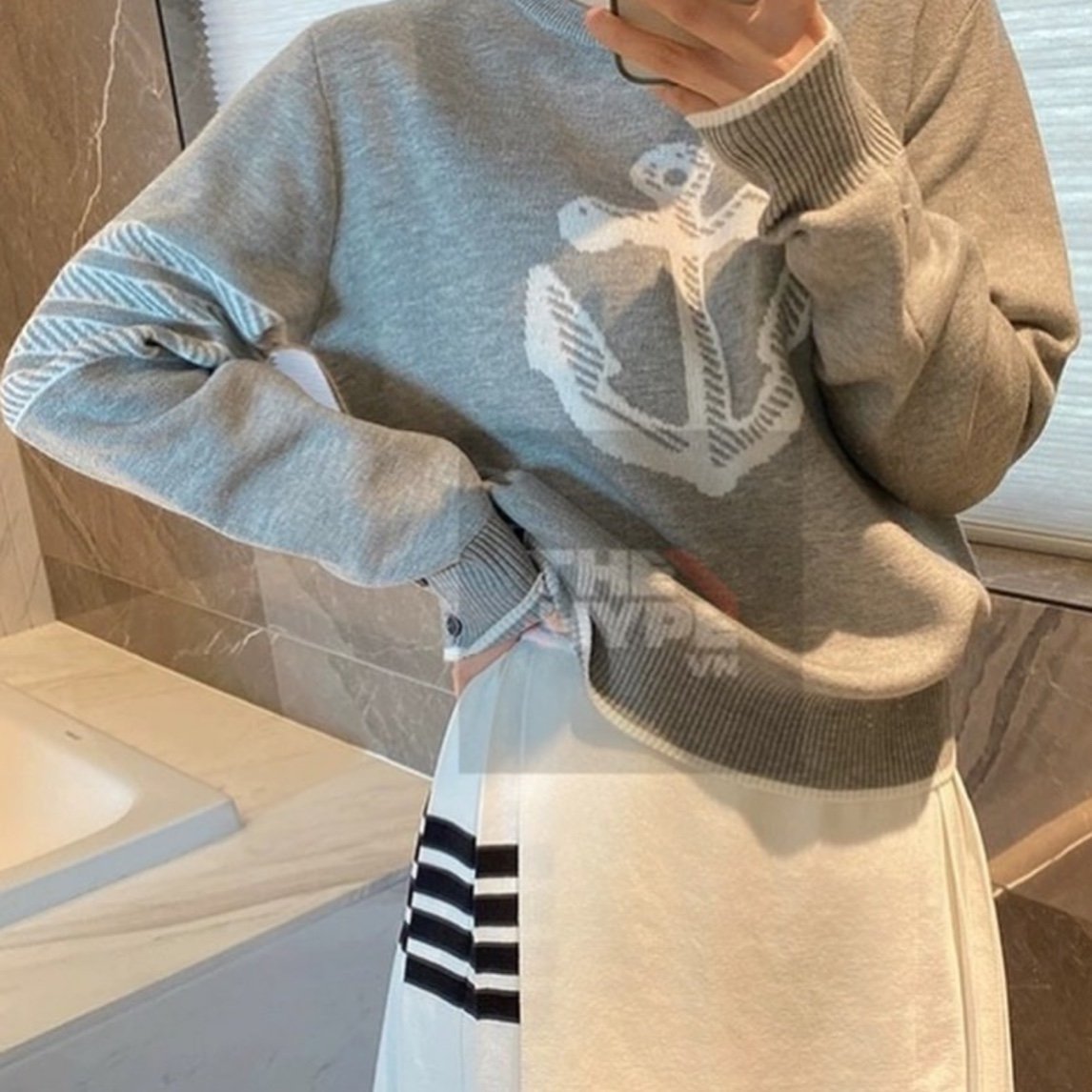 Áo Sweater Thom Browne Anchor Jacquard 4-bar Crewneck (Grey) [ Mirror Quality]
