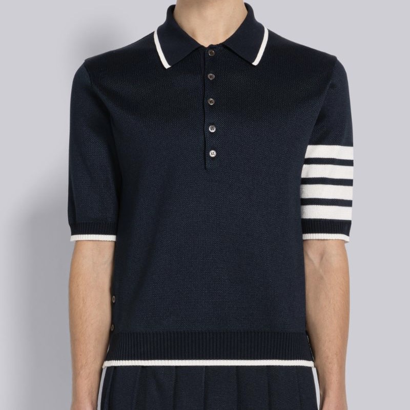 Áo Polo Thom Browne Birdseye Jacquard 4-Bar Short Sleeve (Navy) [Mirror Quality]