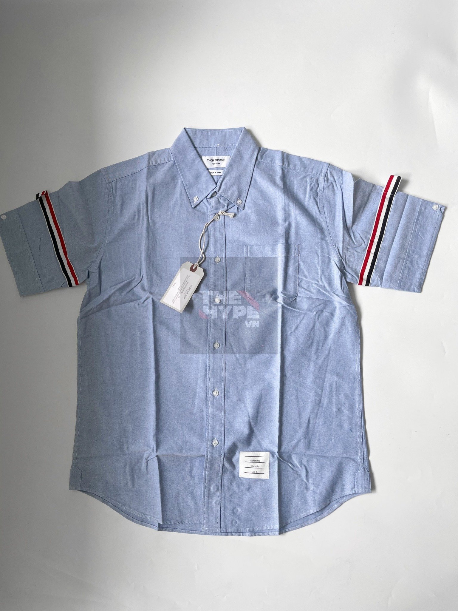 Áo Sơ Mi Thom Browne TB Grosgrain Arm Band Sọc Tay Ngắn - Xanh) [Mirror Quality]