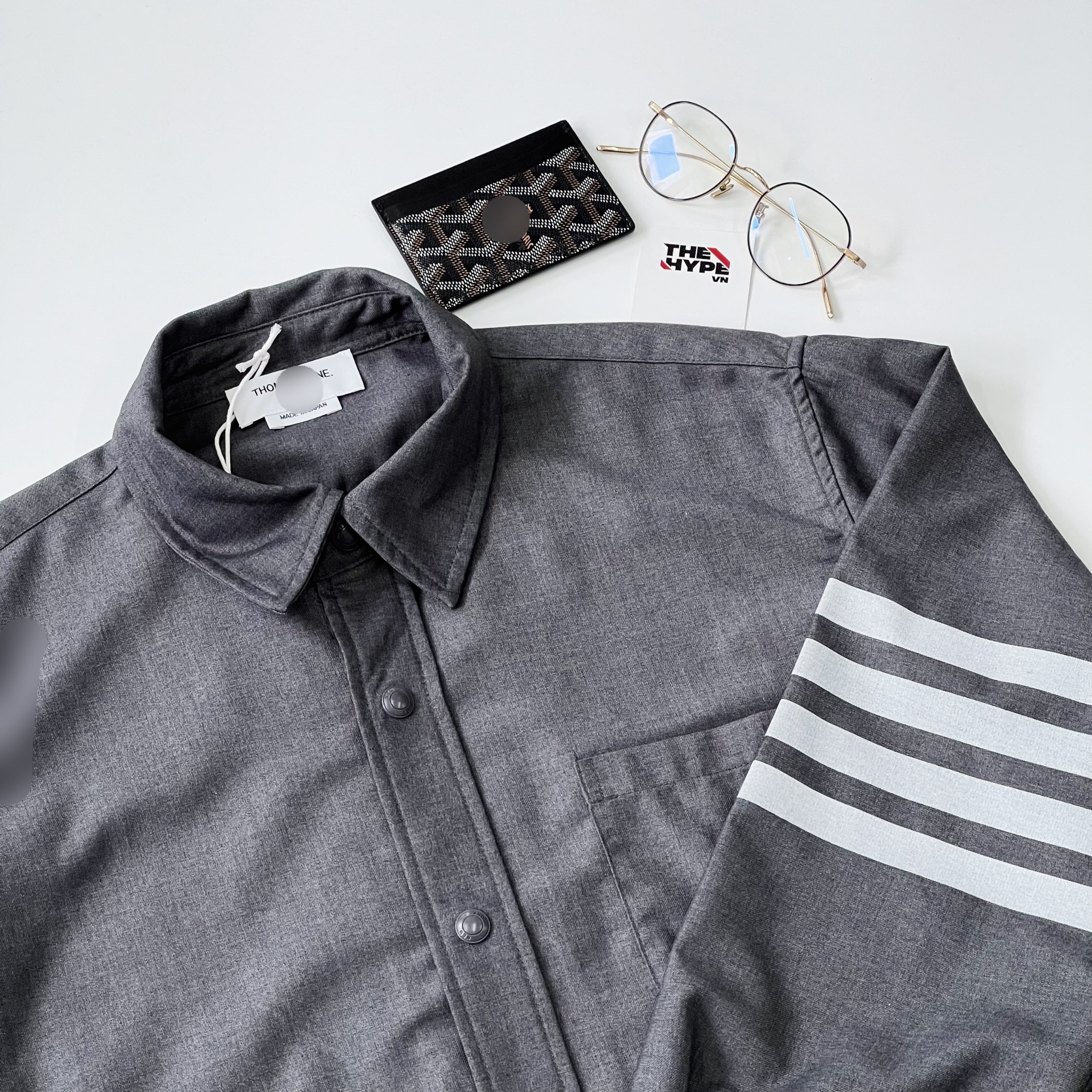 THOM BROWNE SHIRT - Áo sơ mi flannel TB tonal 4-Bar shirt (Xám) [Mirror Quality]