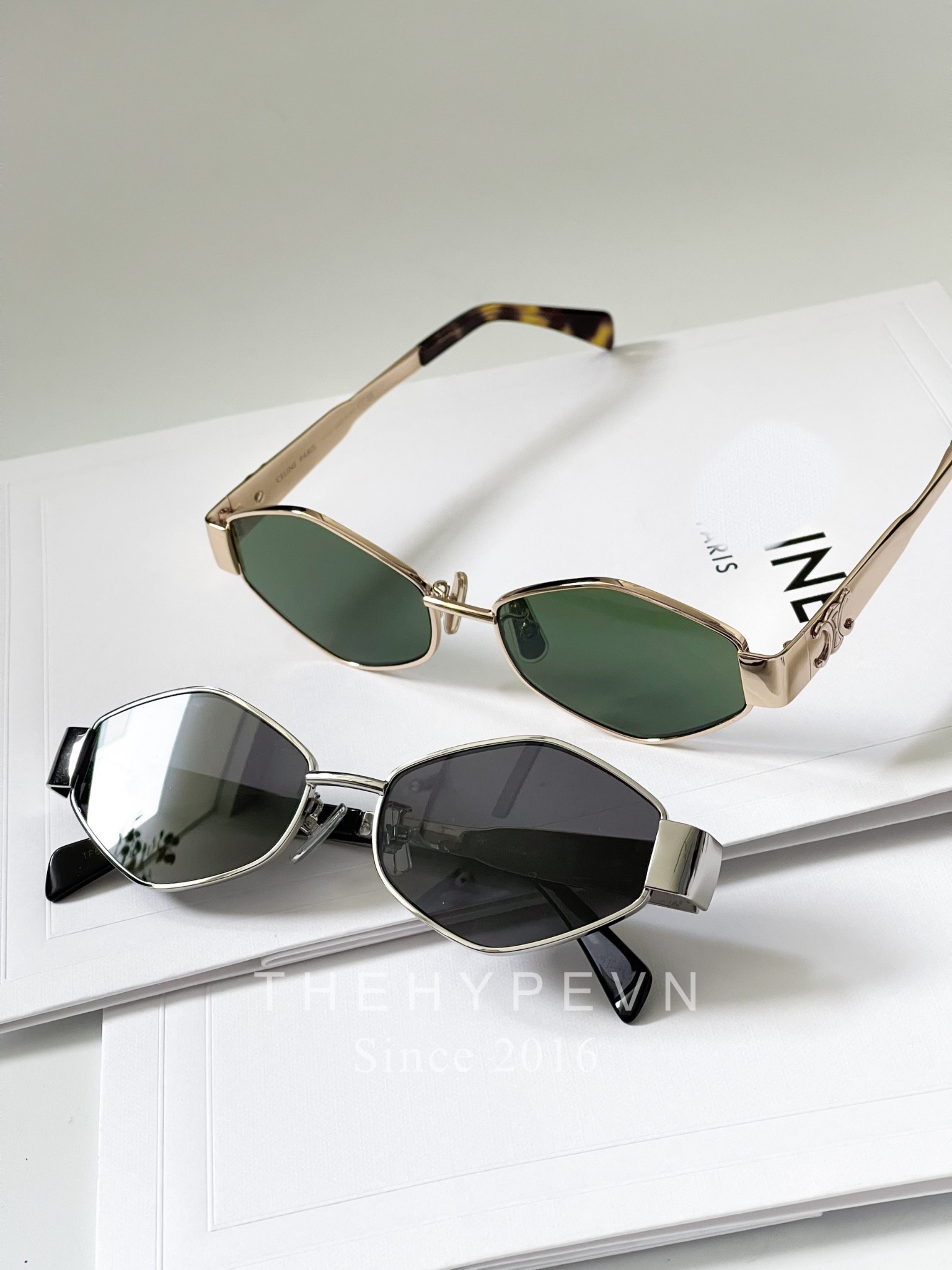 CELINE SUNGLASS - Kính râm Celine Triomphe Geometric Metal & Acetate (SILVER / SMOKE) [Mirror Quality]