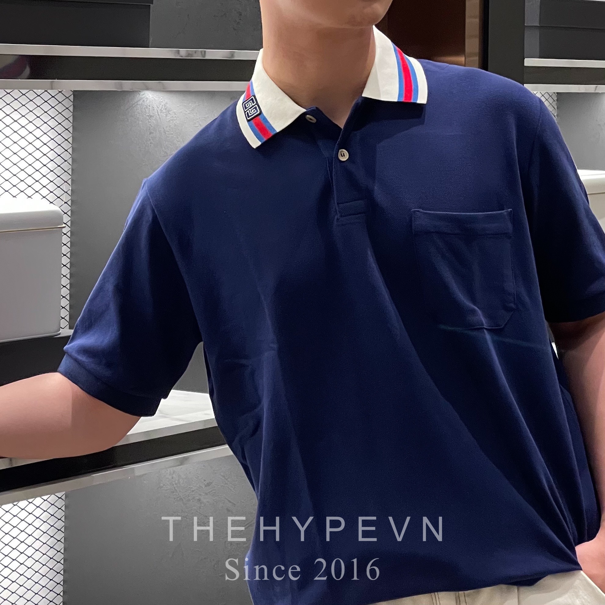 Áo Polo Gucci GC Cotton Piquet With Square GG (Navy) [Mirror Quality]