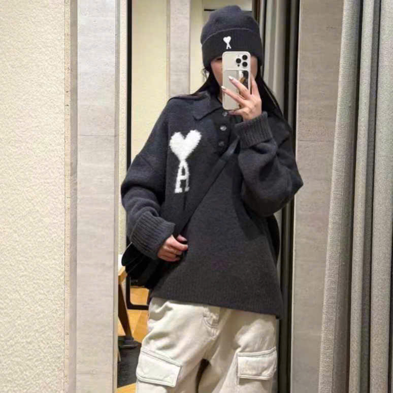 ÁO POLO SWEATER AMI PARIS ALPACA HEART (DARK GREY)