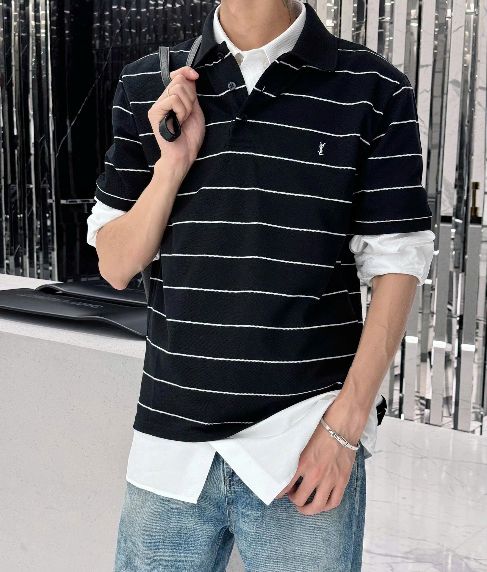 ÁO POLO SAINT LAURENT YSL CASSANDRE STRIPED (BLACK)