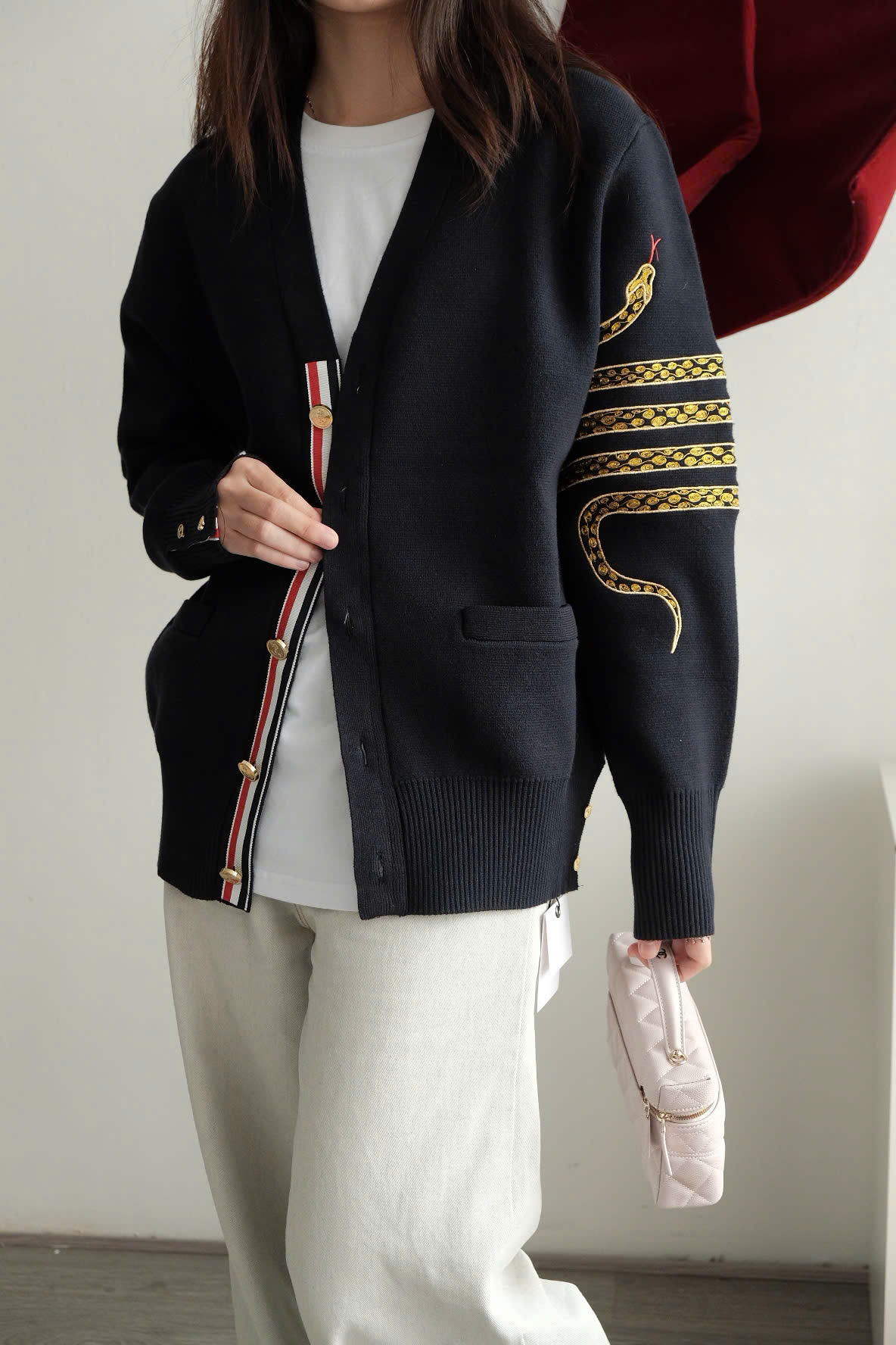 CARDIGAN THOM BROWNE SNAKE 4-BAR (NAVY)