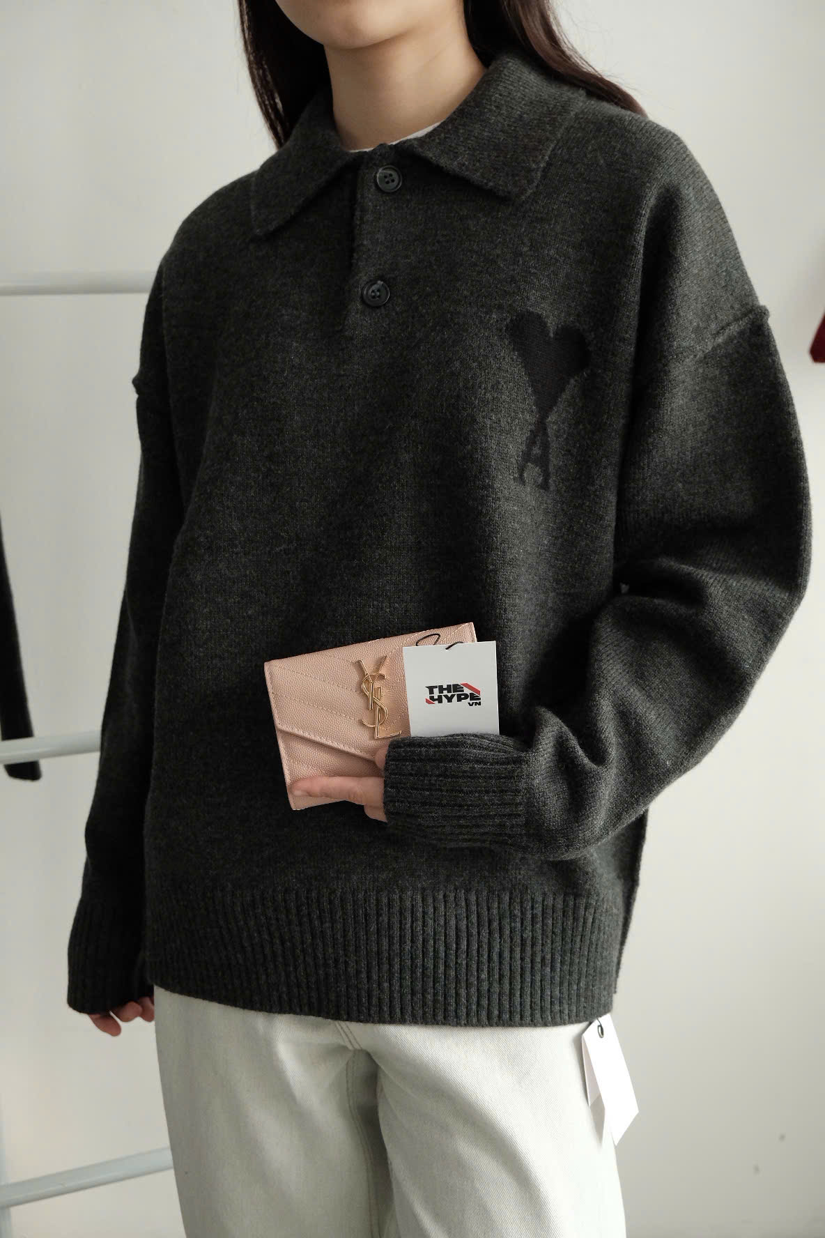 ÁO SWEATER AMI PARIS WOOL POLO (HEATHER GREY)