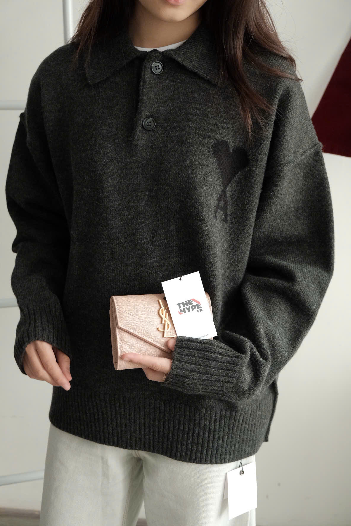 ÁO SWEATER AMI PARIS WOOL POLO (HEATHER GREY)