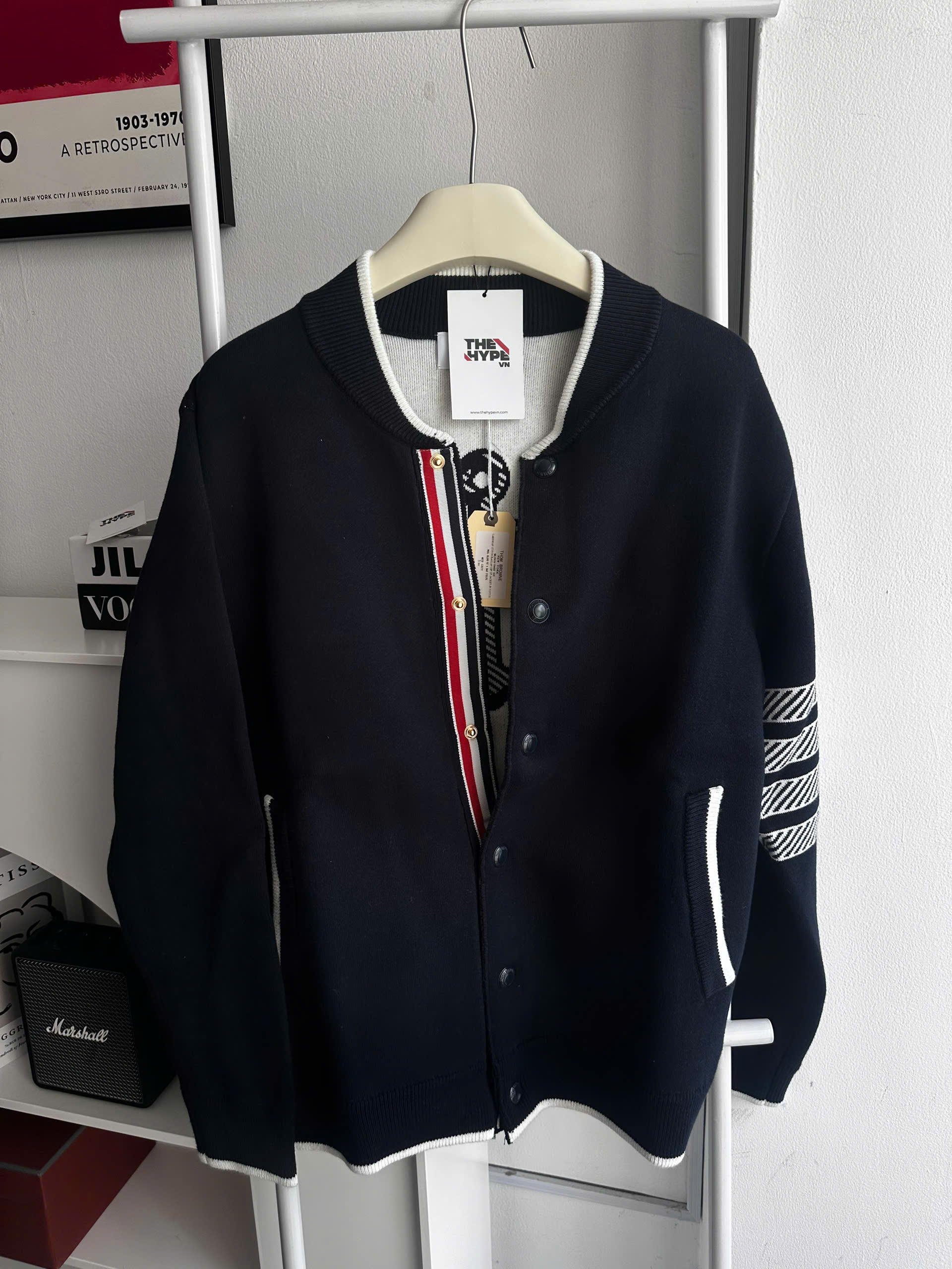 CARDIGAN THOM BROWNE ANCHOR-JACQUARD WOOL JUMPER (NAVY)