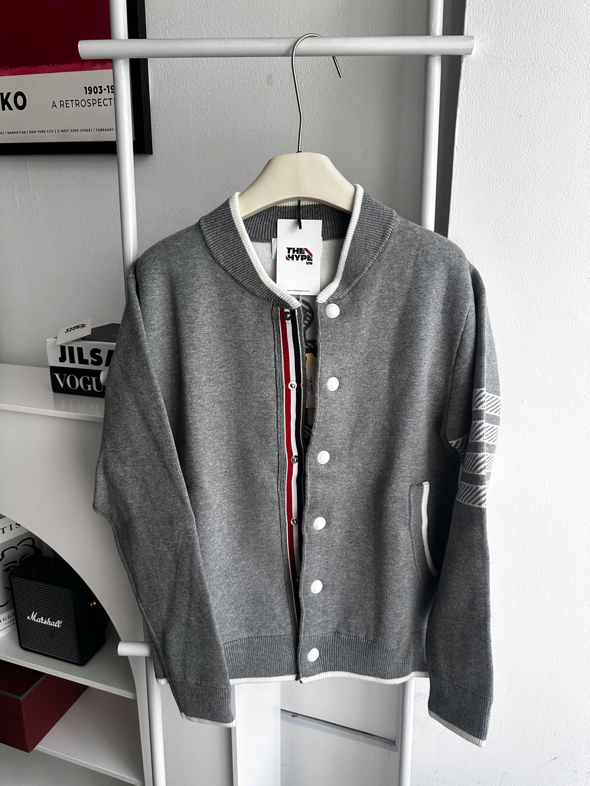 CARDIGAN THOM BROWNE ANCHOR-JACQUARD WOOL JUMPER ( GRAY)