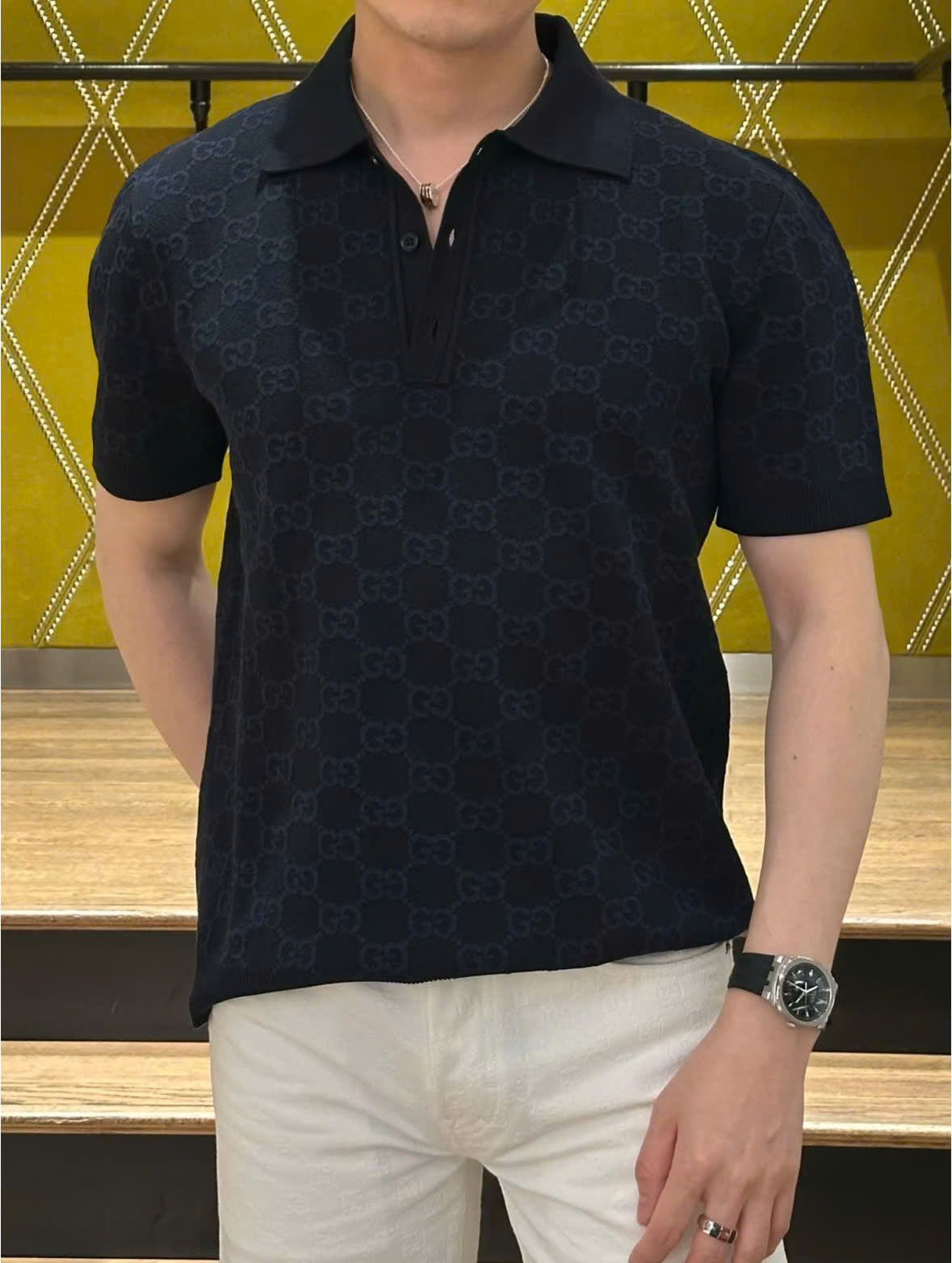 ÁO POLO GUCCI SILK JACQUARD (DARK BLUE)