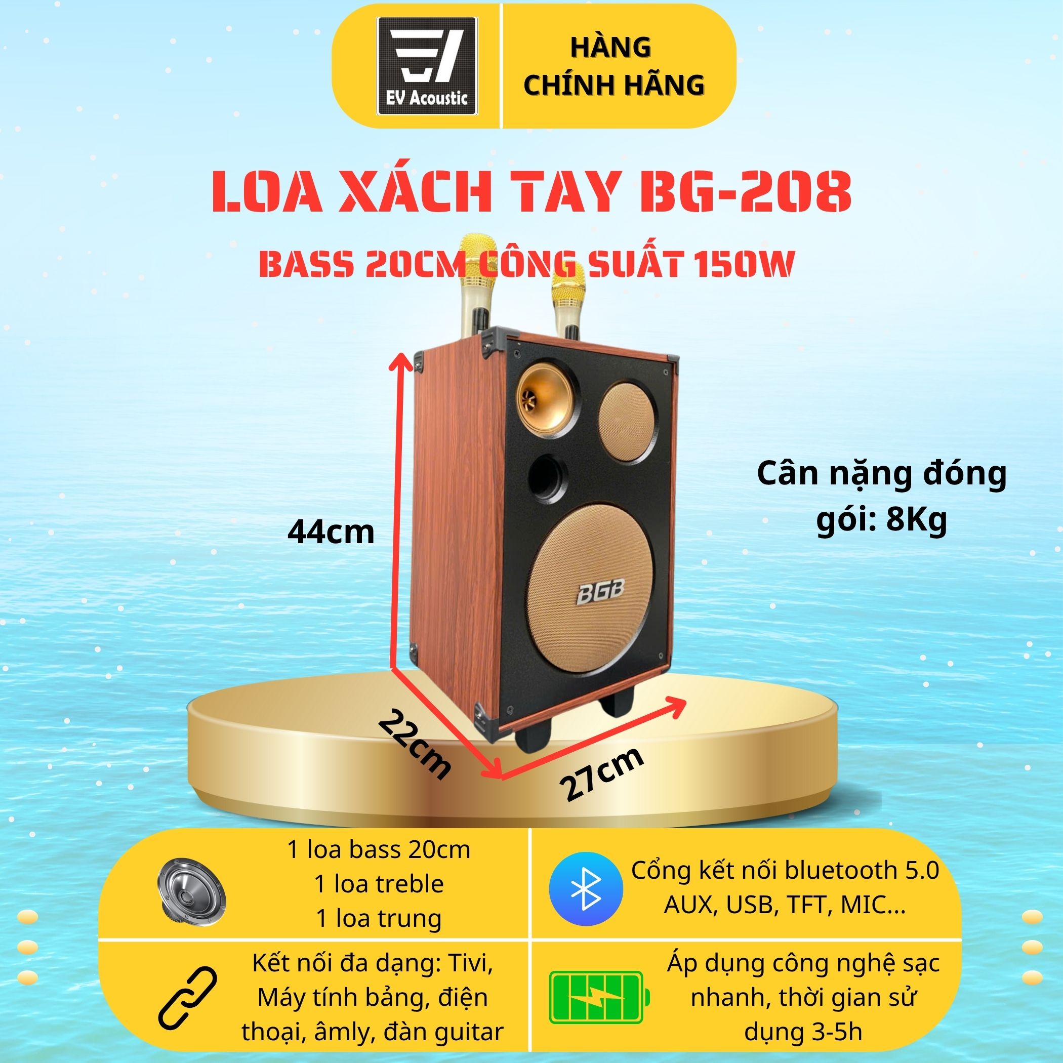 Loa Xách Tay Karaoke BG-208S | Bass 20Cm | Công Suất 150W