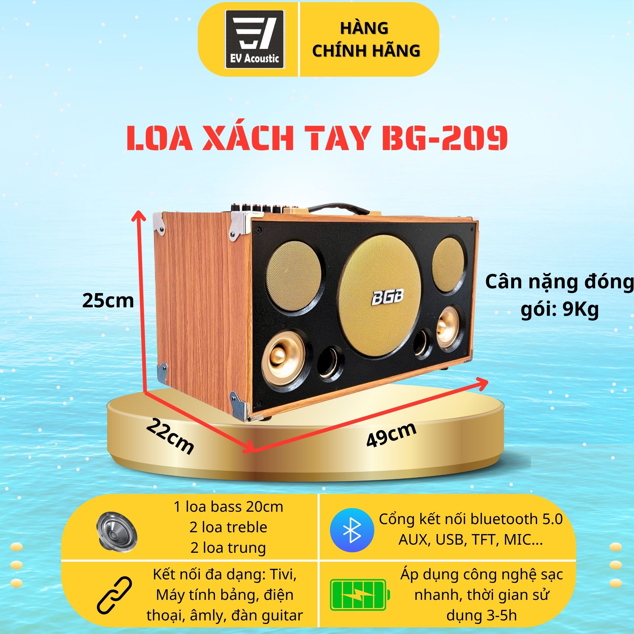 Loa Karaoke Xách Tay BG-209 EV Acoustic | Công Suất 200W | Bass 20cm