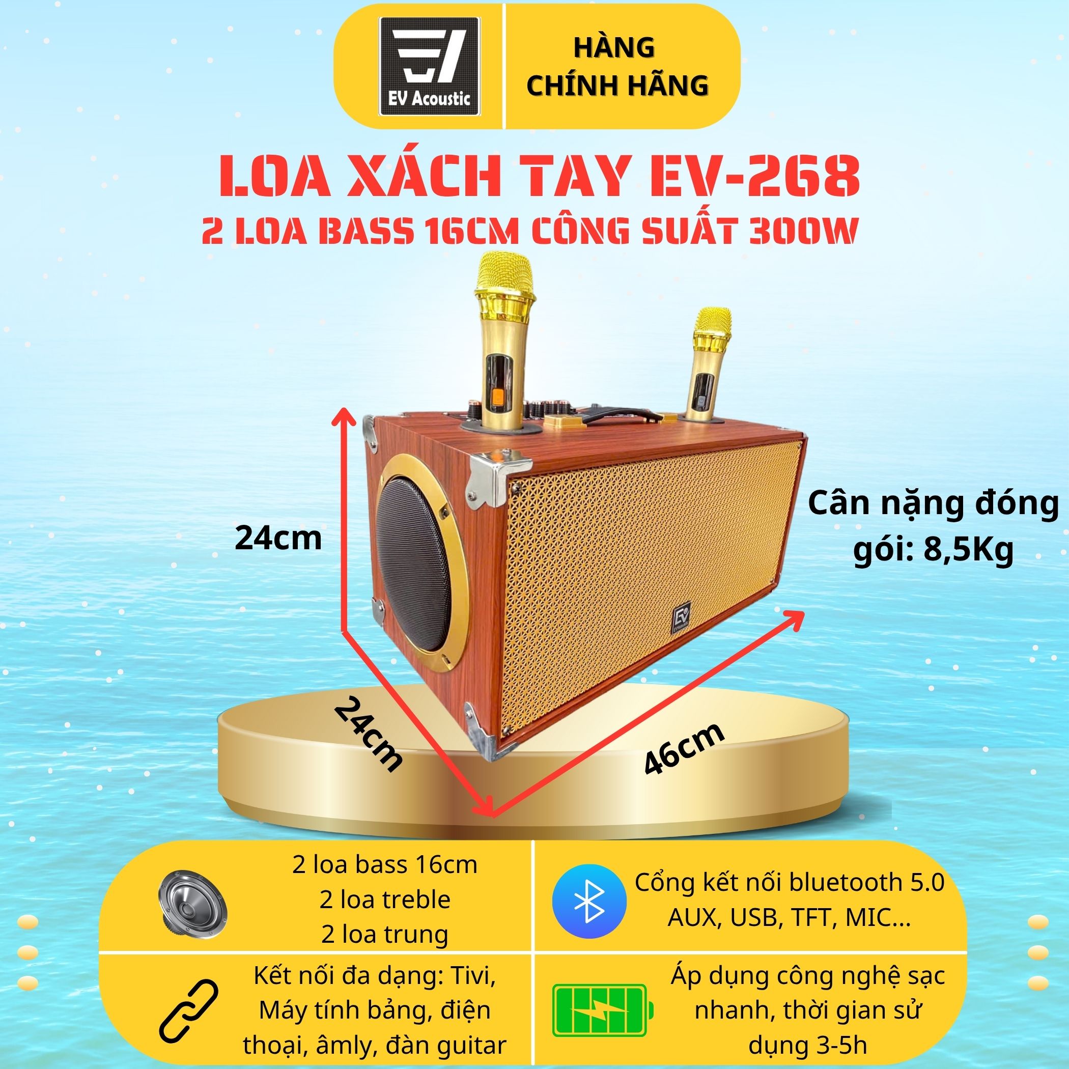 EV Acoustic | EV-268 | Loa Karaoke Xách Tay | 2 Bass 16 | Công Suất 300W