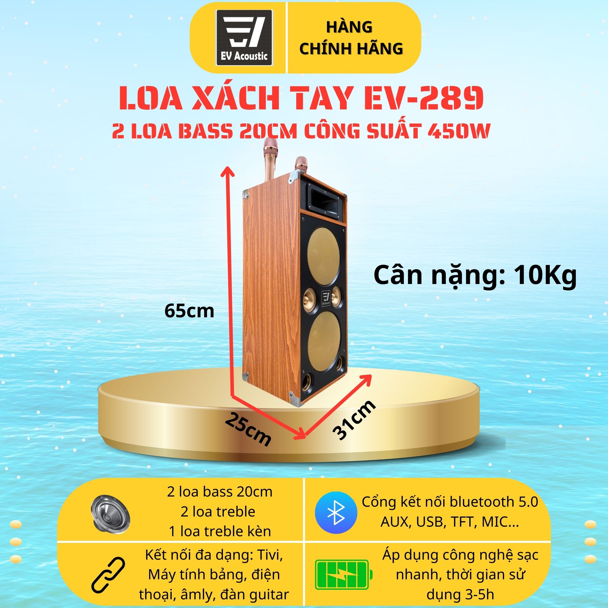 Loa Karaoke Xách Tay EV-289 | Công Suất 450W | 2 Bass 20Cm