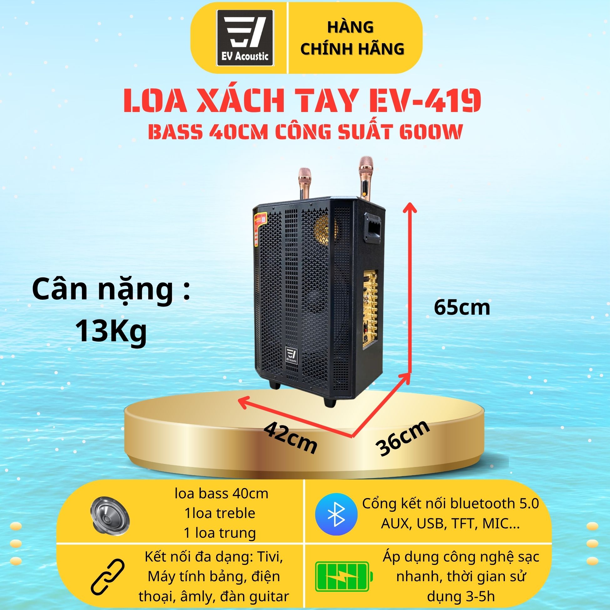 Loa Karaoke Xách Tay EV-419 EV Acoustic | Công Suất 600W | Bass 40cm