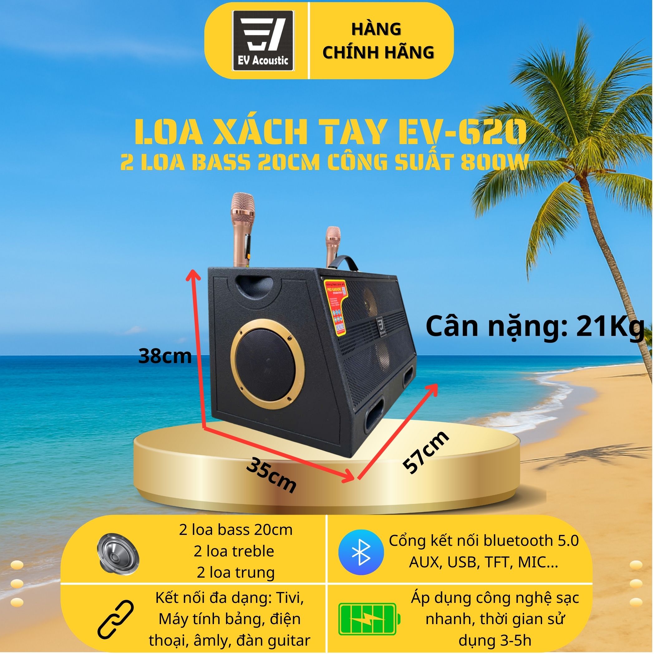 Loa EV-620 | 2 Bass 20Cm | Công Suất 800W | Sơn Sần Sân Khấu | 2 Mic UHF Kim Loại Cao Cấp