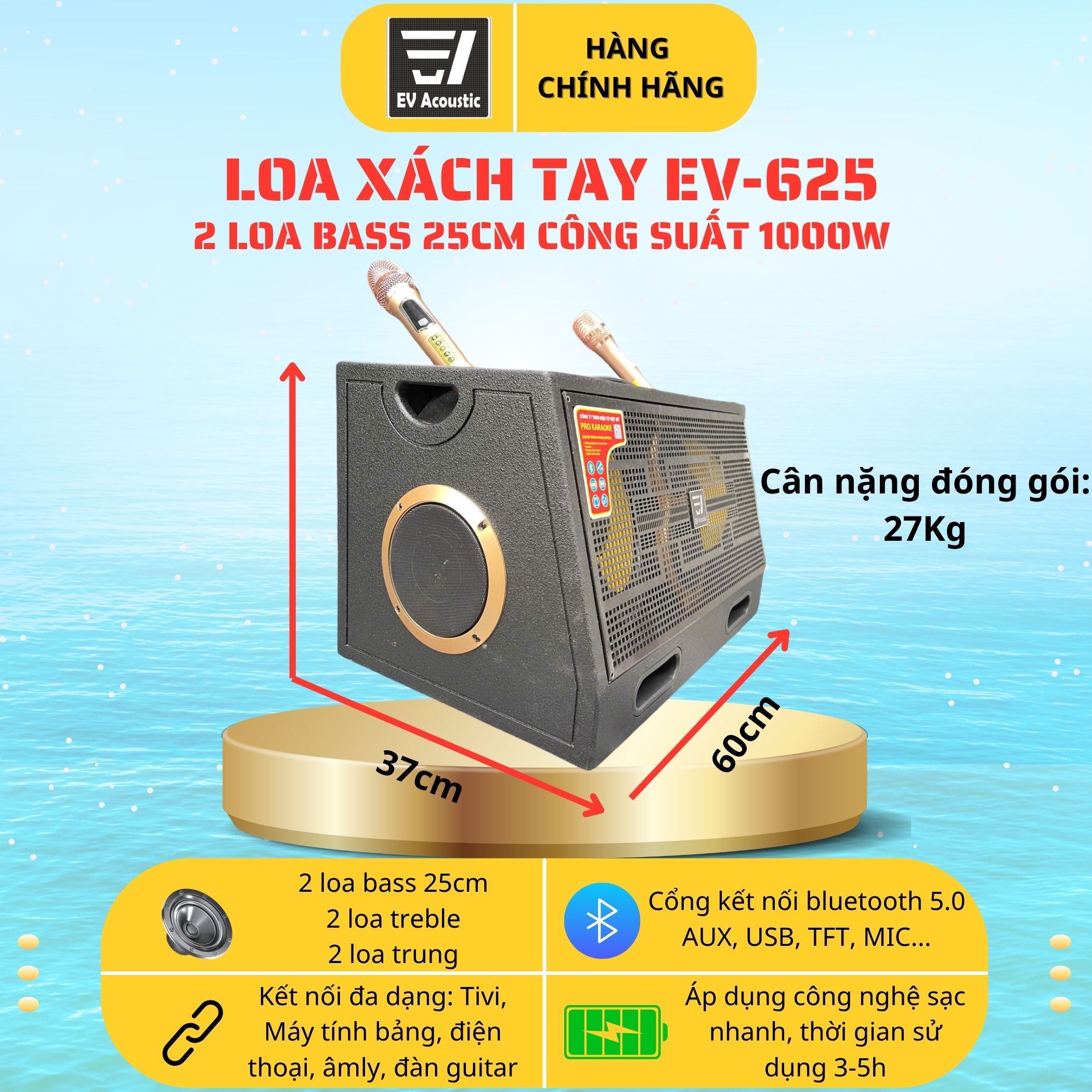 Loa EV-625 | 2 Bass 25Cm | Công Suất 1000W | Sơn Sần Sân Khấu | 6 Đường Loa 3 Đường Tiếng