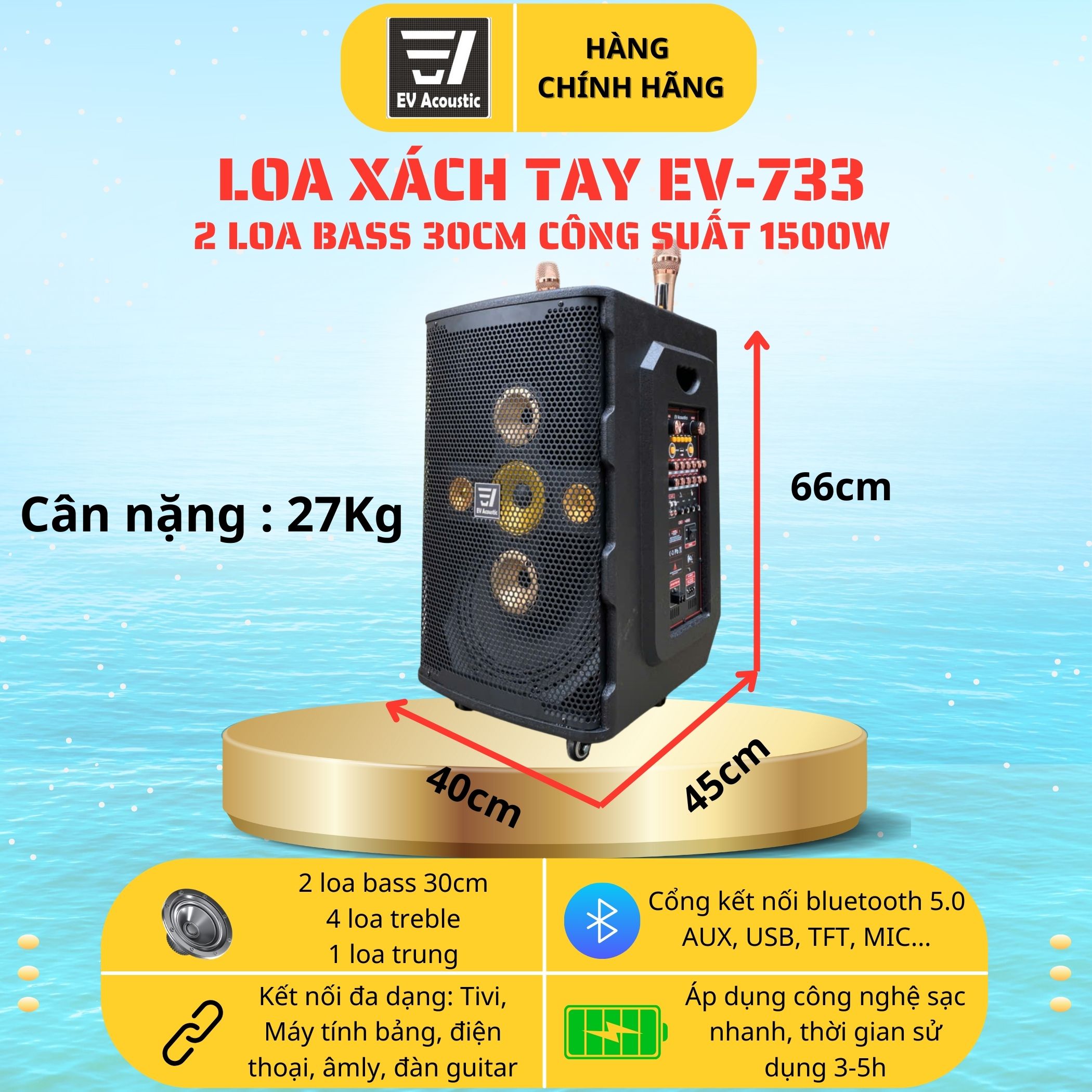 Loa Karaoke Xách Tay EV-733 EV ACOUSTIC Bass Đôi 30cm | Công Suất 1500W