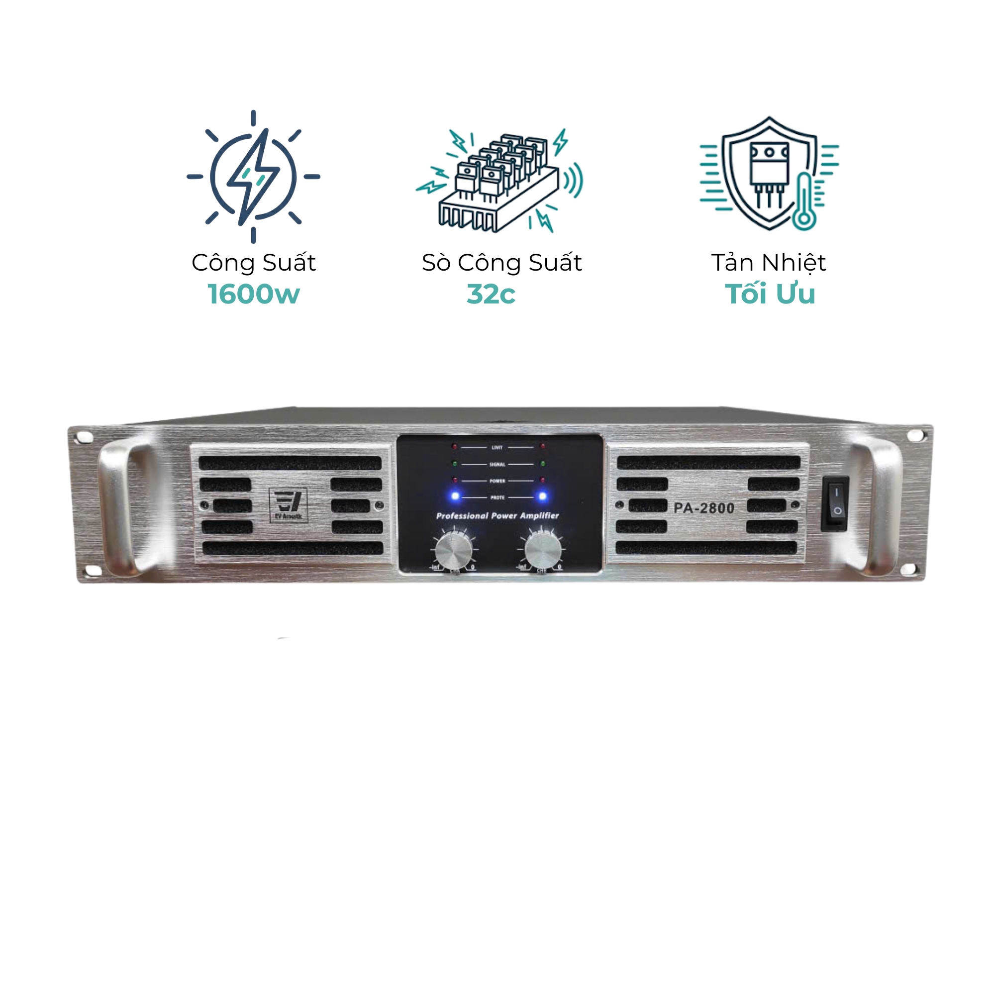 Cục Đẩy Công Suất EV Acoustic PA-2800 - 1600W, Biến Áp Xuyến 25A