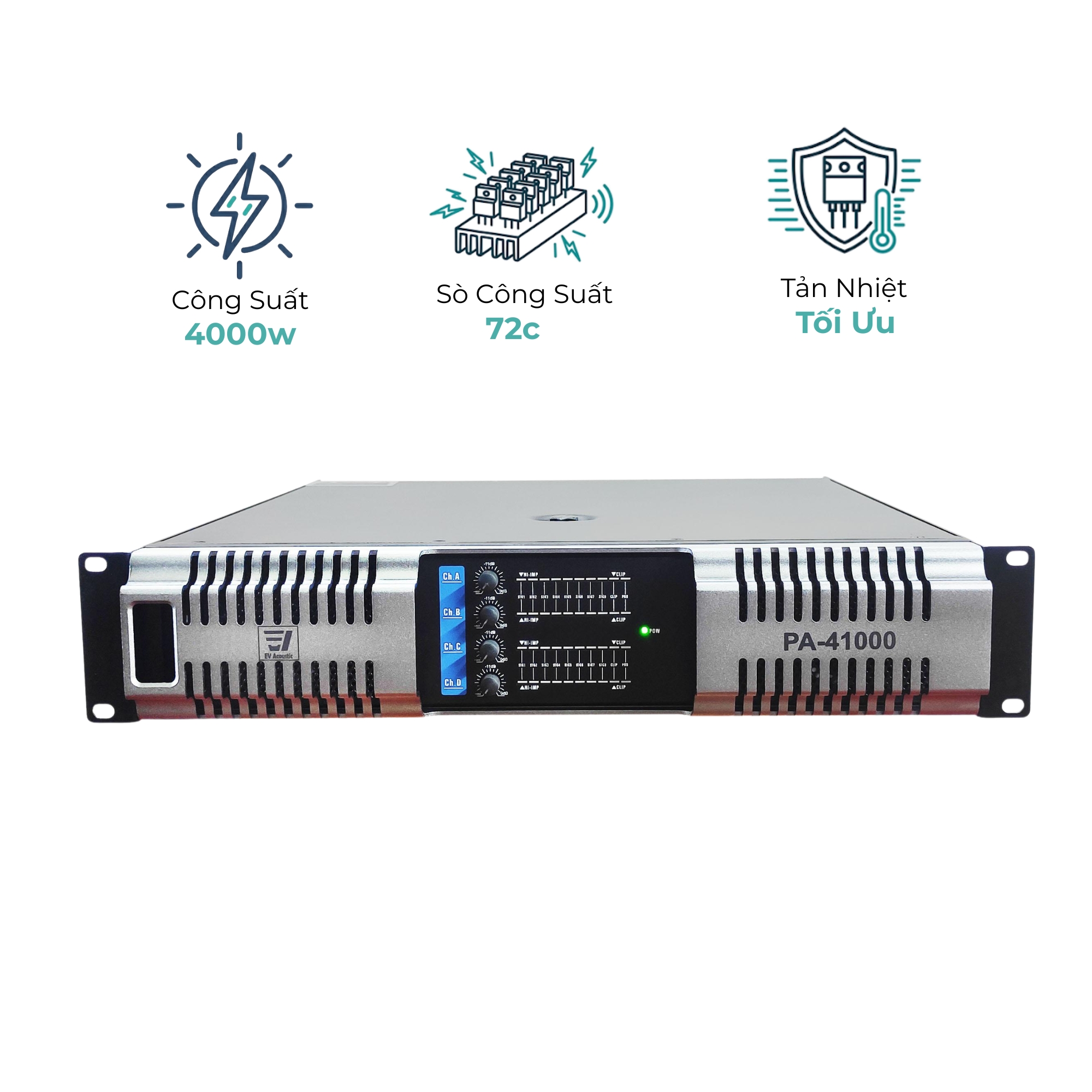 Cục Đẩy Công Suất 4 Kênh EV Acoustic PA-41000 - 80 Sò, Biến Áp 40A