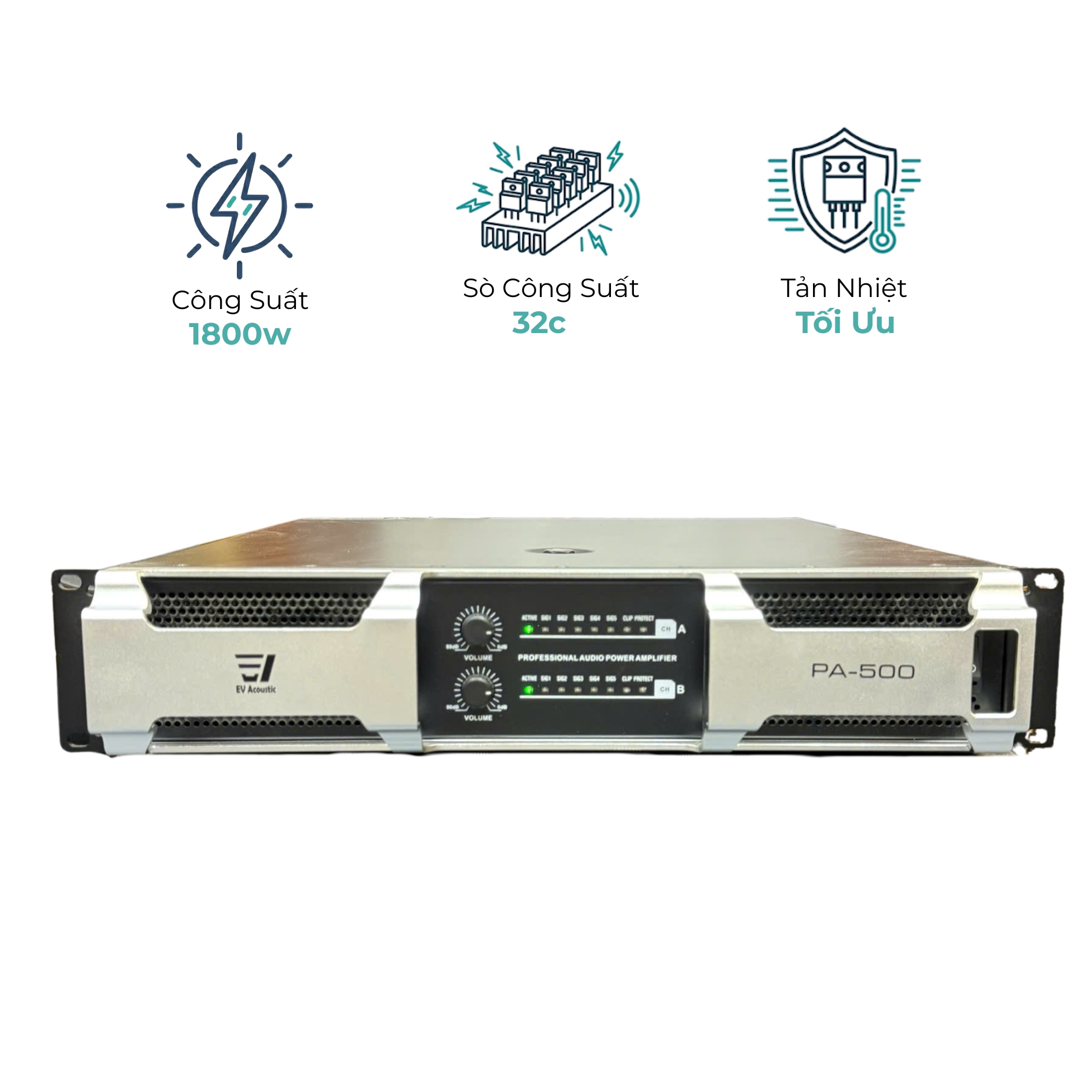 Cục Đẩy Công Suất EV Acoustic PA-500 - 1800W, 32 Sò Cao Cấp